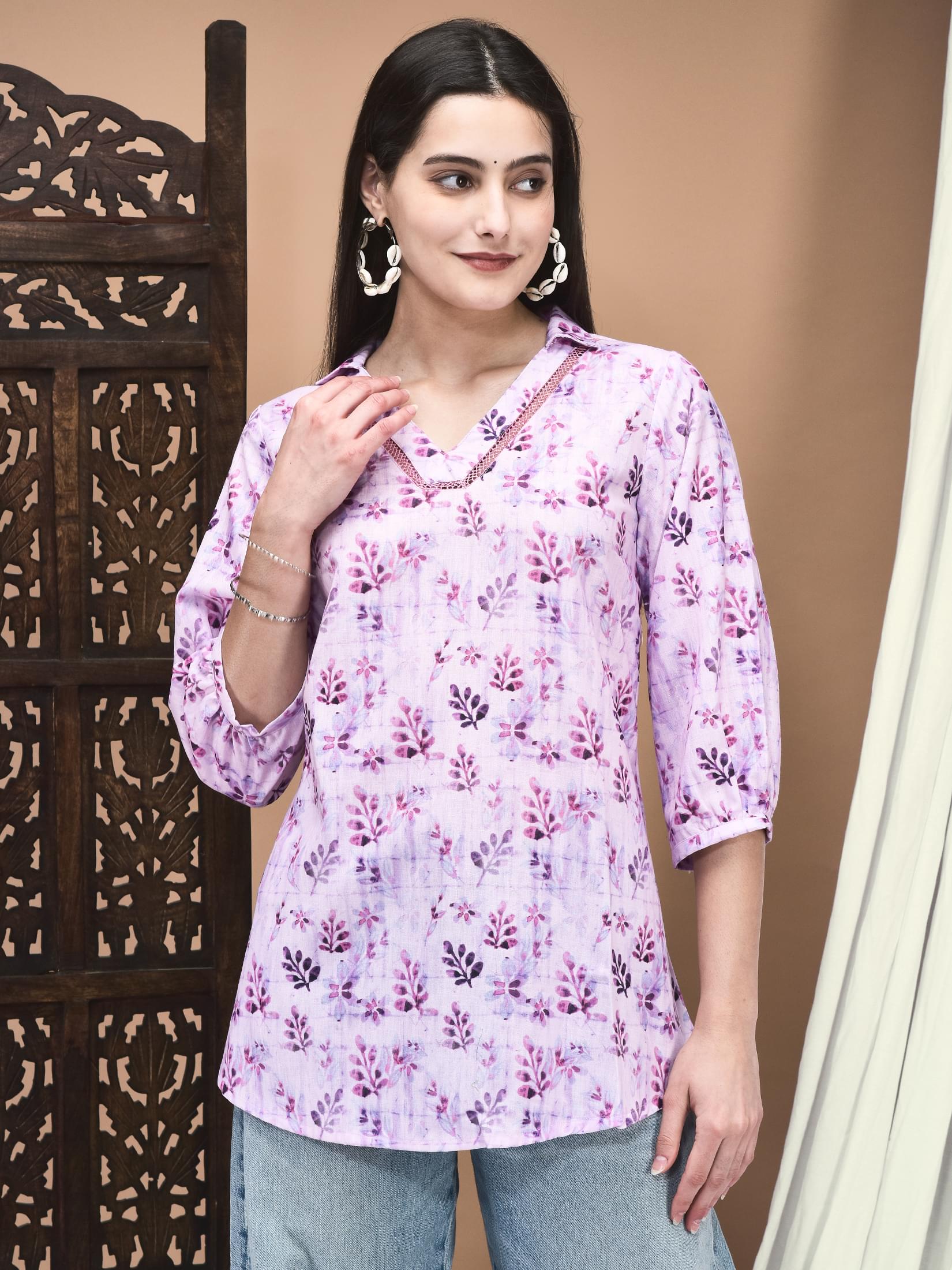 Textured pink and purple brush paint layout print linen casual holiday tunic
