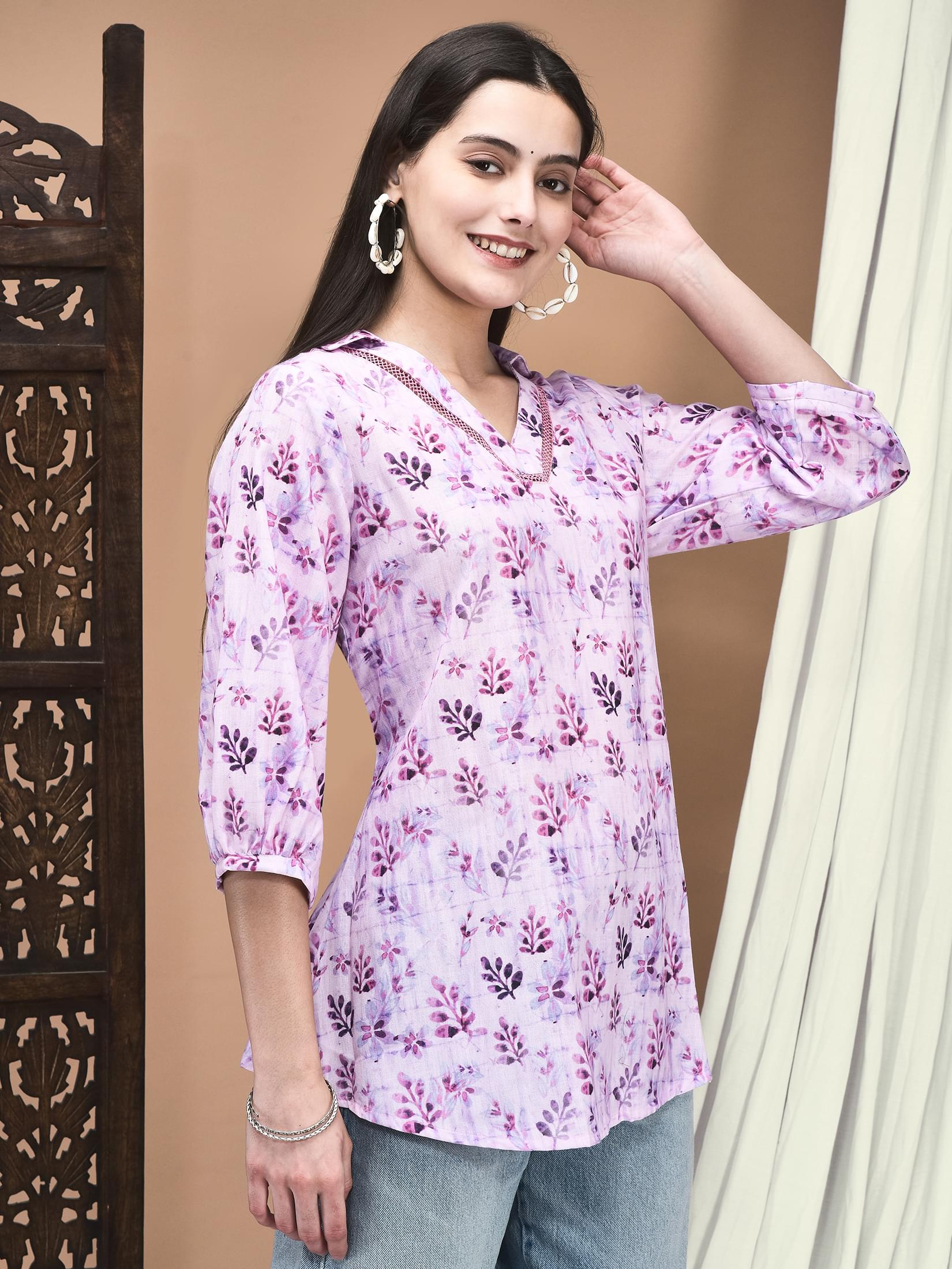 Women Linen Pink & Purple Texture Print Tunic.