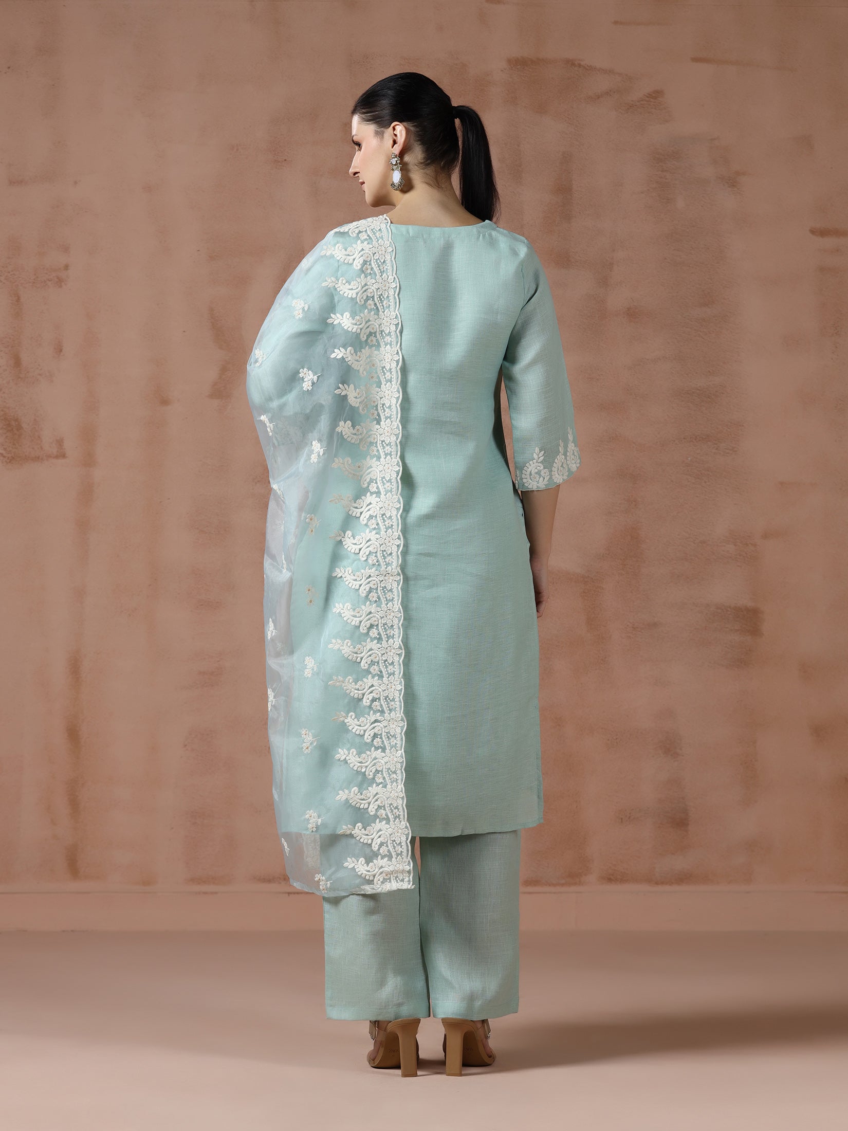 Women Linen Aqua Solid embroidered Kurta Comfort Pant Dupatta