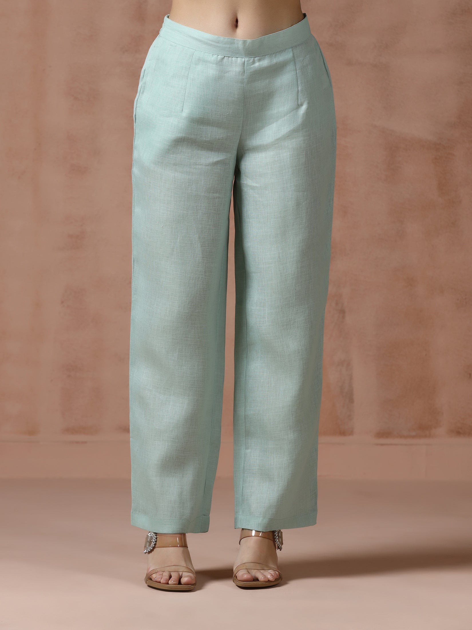 Women Linen Aqua Solid embroidered Kurta Comfort Pant Dupatta