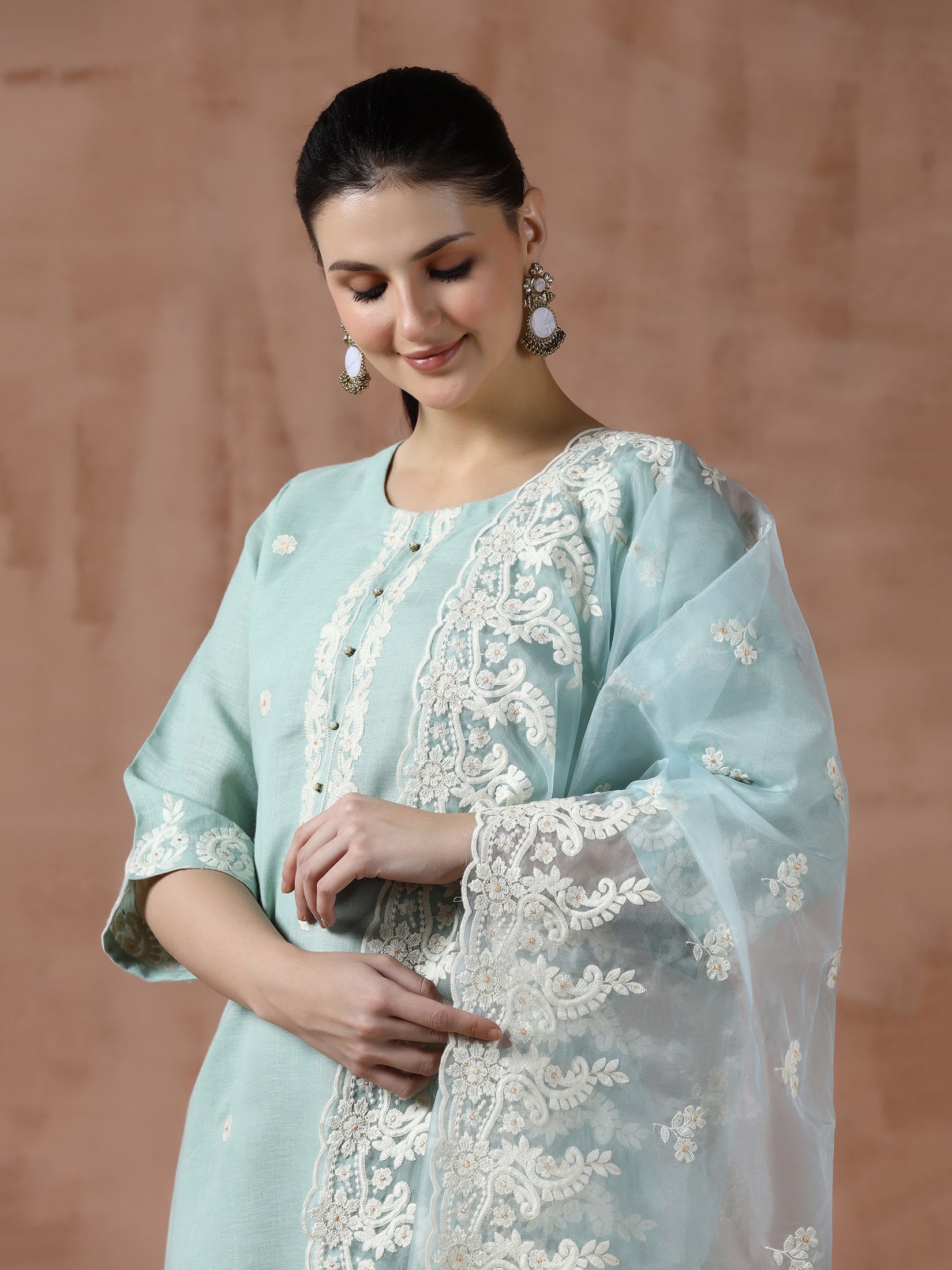 Women Linen Aqua Solid embroidered Kurta Comfort Pant Dupatta