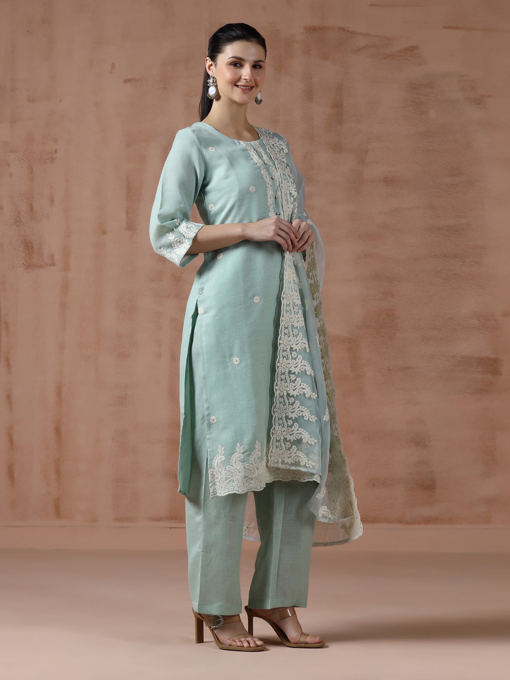 Women Linen Aqua Solid embroidered Kurta Comfort Pant Dupatta