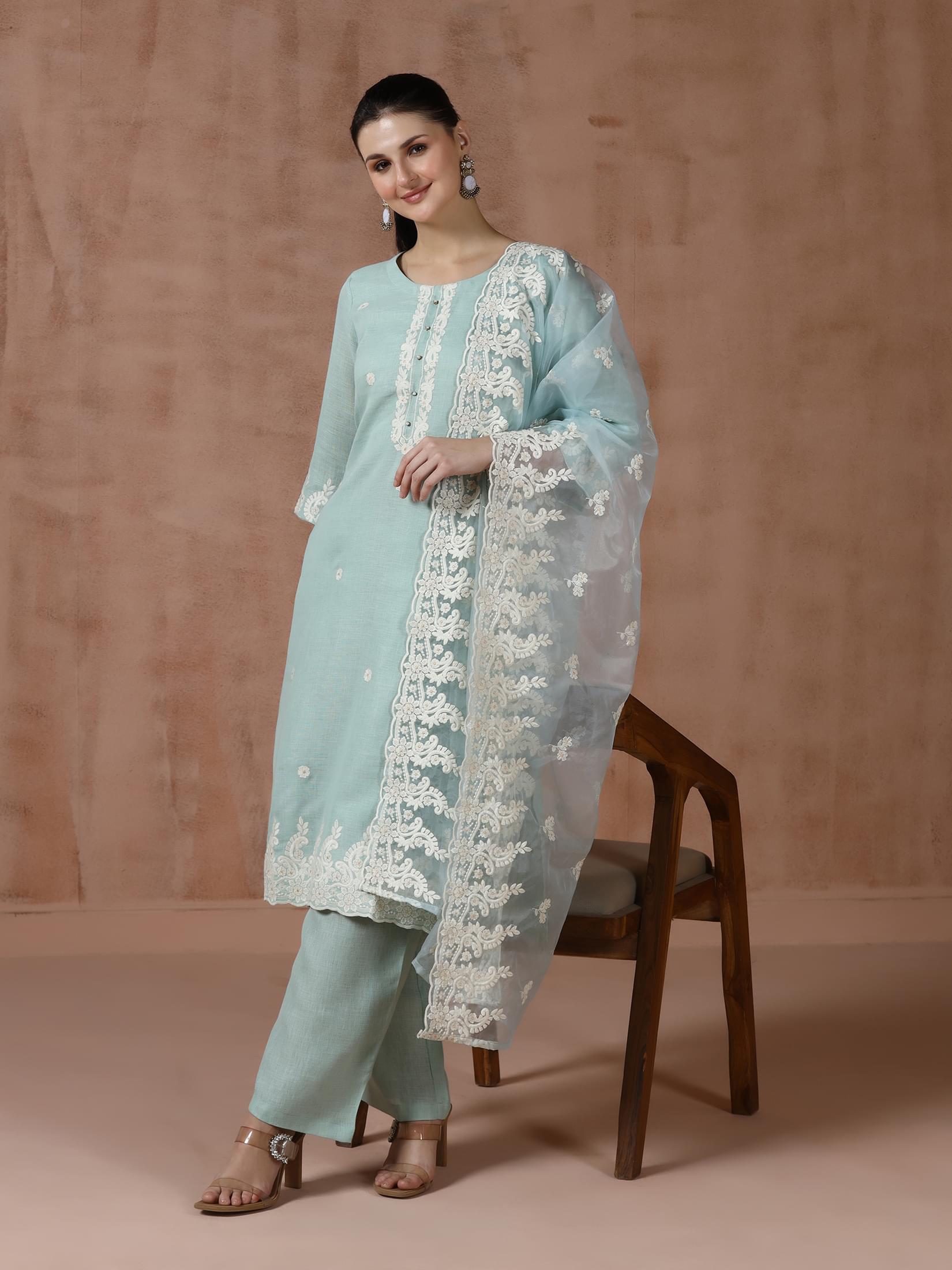 Aqua blue solid embroidered pure linen festive wear luxury suit set