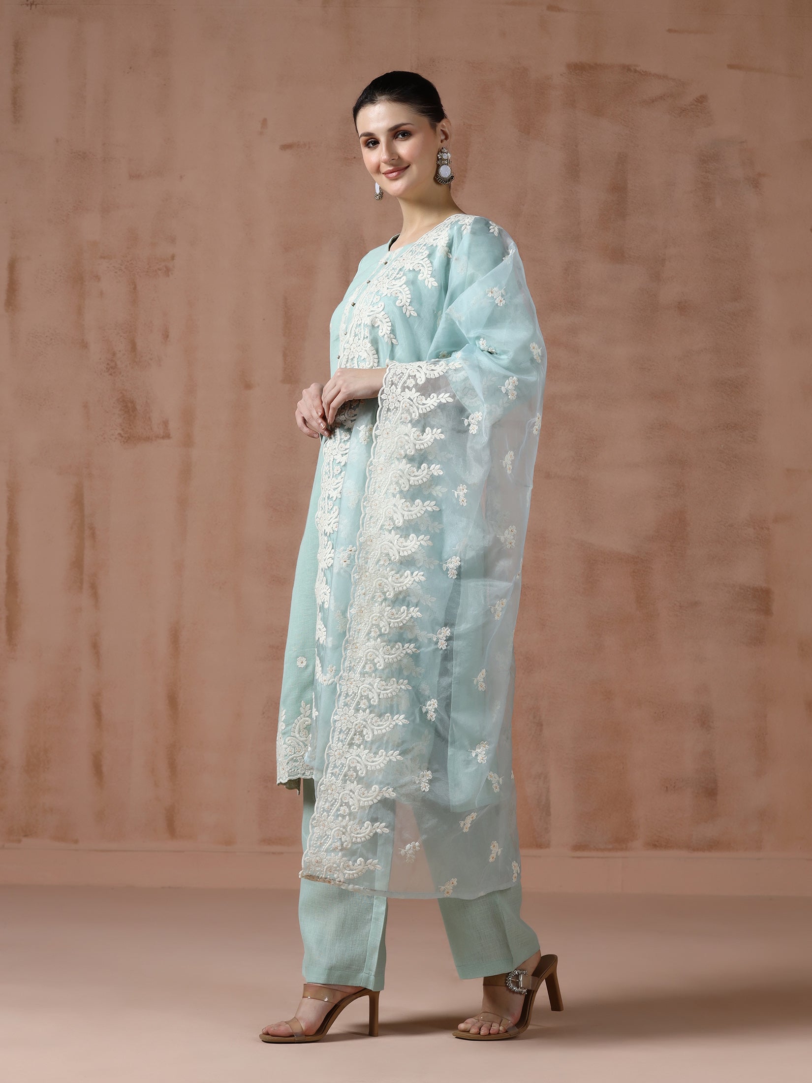 Women Linen Aqua Solid embroidered Kurta Comfort Pant Dupatta