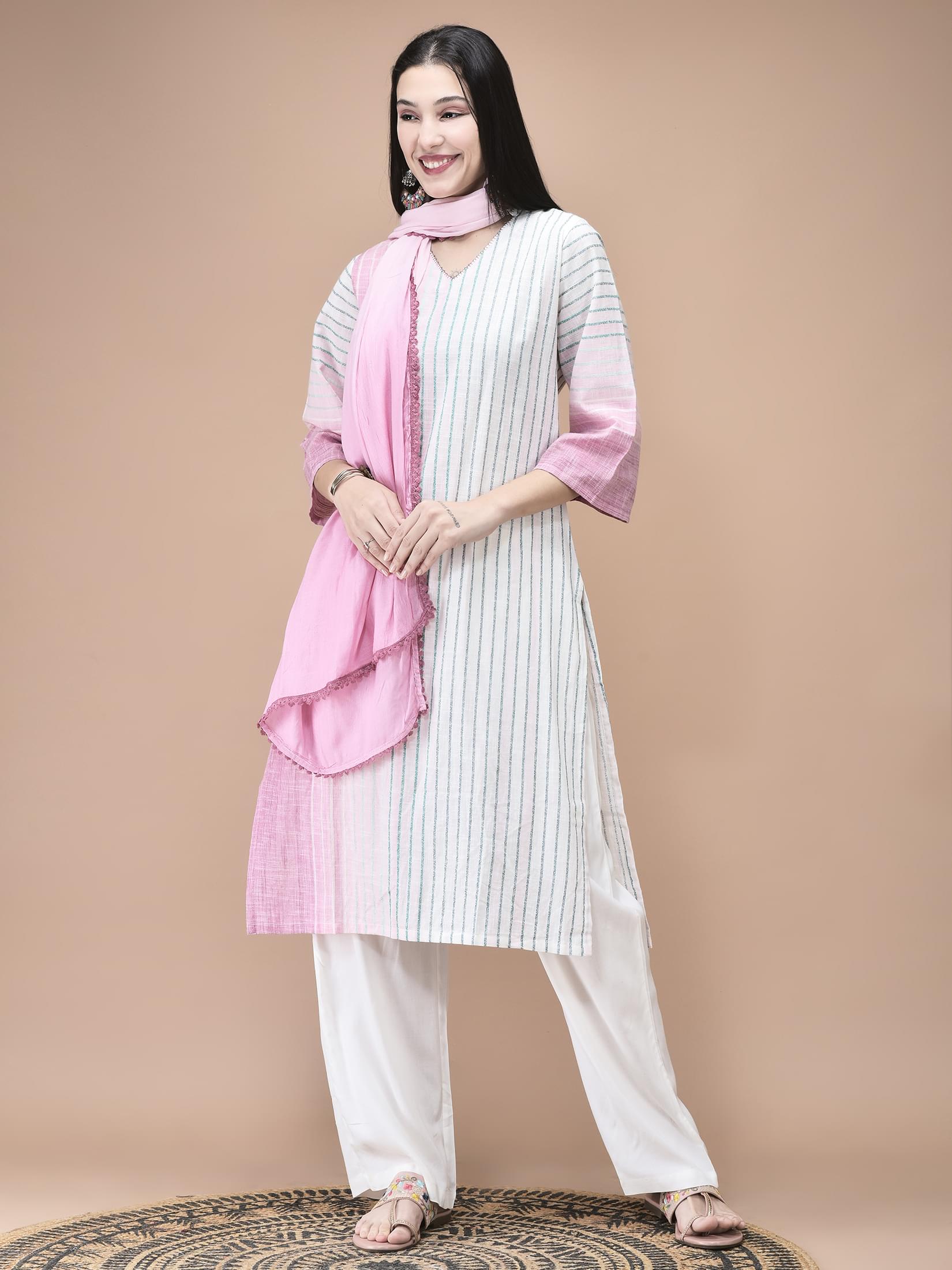 Off white yarn dyed self textured pure cotton comfortable office wear suit