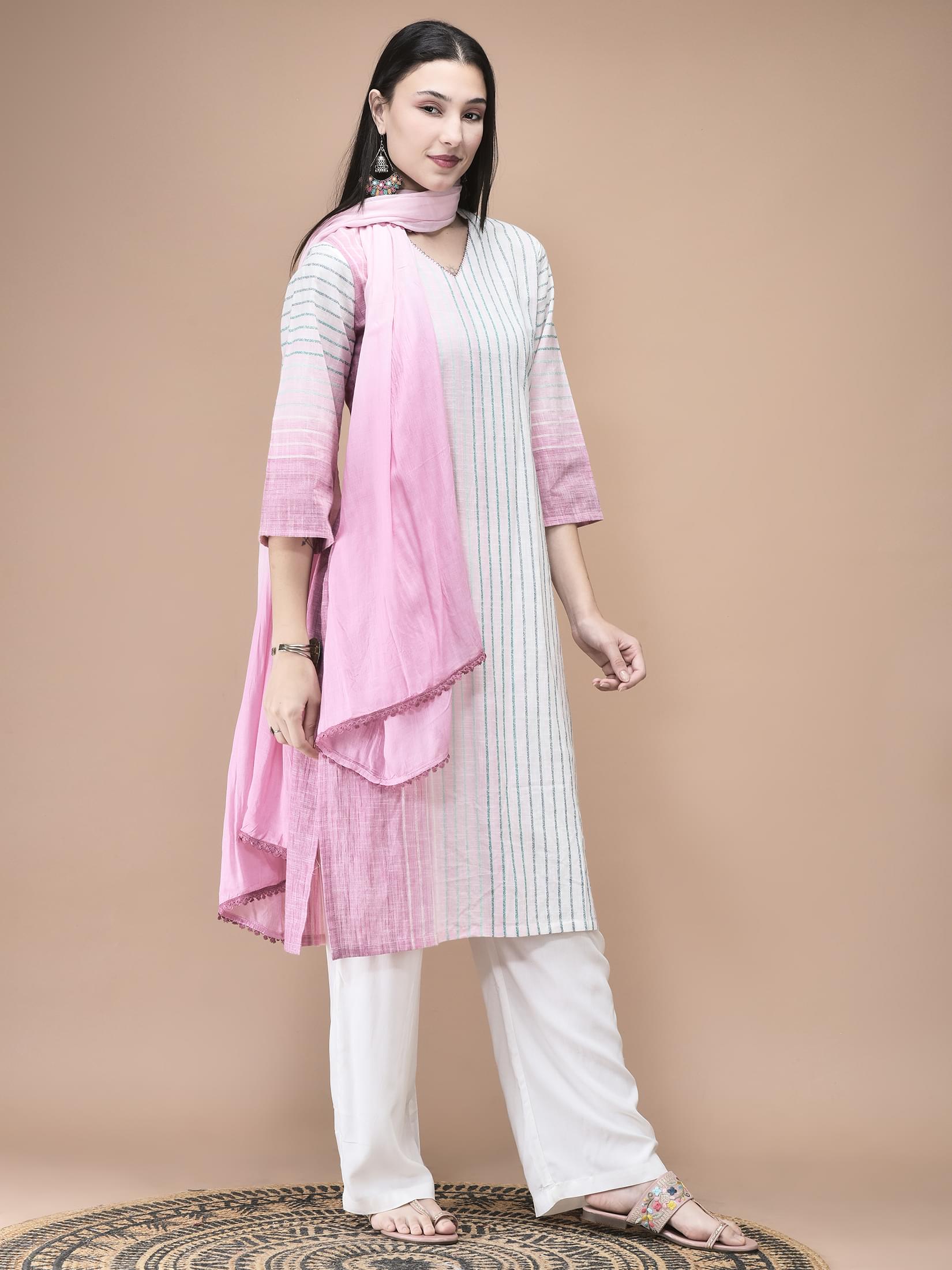 Women Cotton Off White Yarn Dyed Kurta Comfort Pant Dupatta.