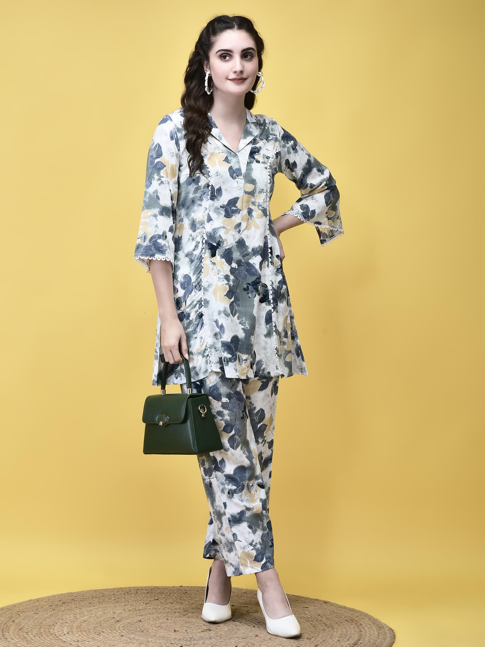 Off white and sapphire blue fluid abstract print Liva fabric smart co-ord set