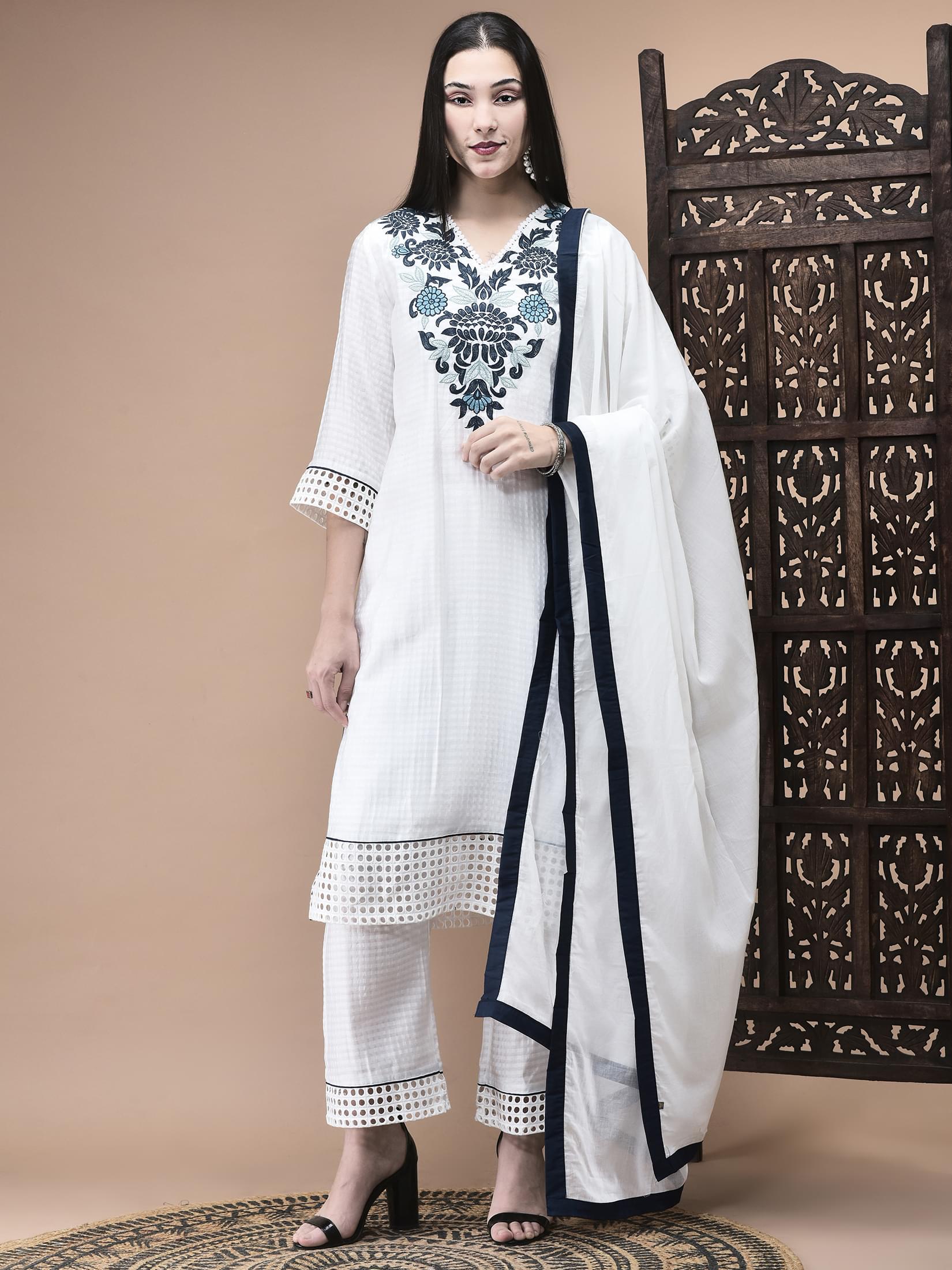 Pristine white intricate embroidered viscose comfort fit dupatta suit set