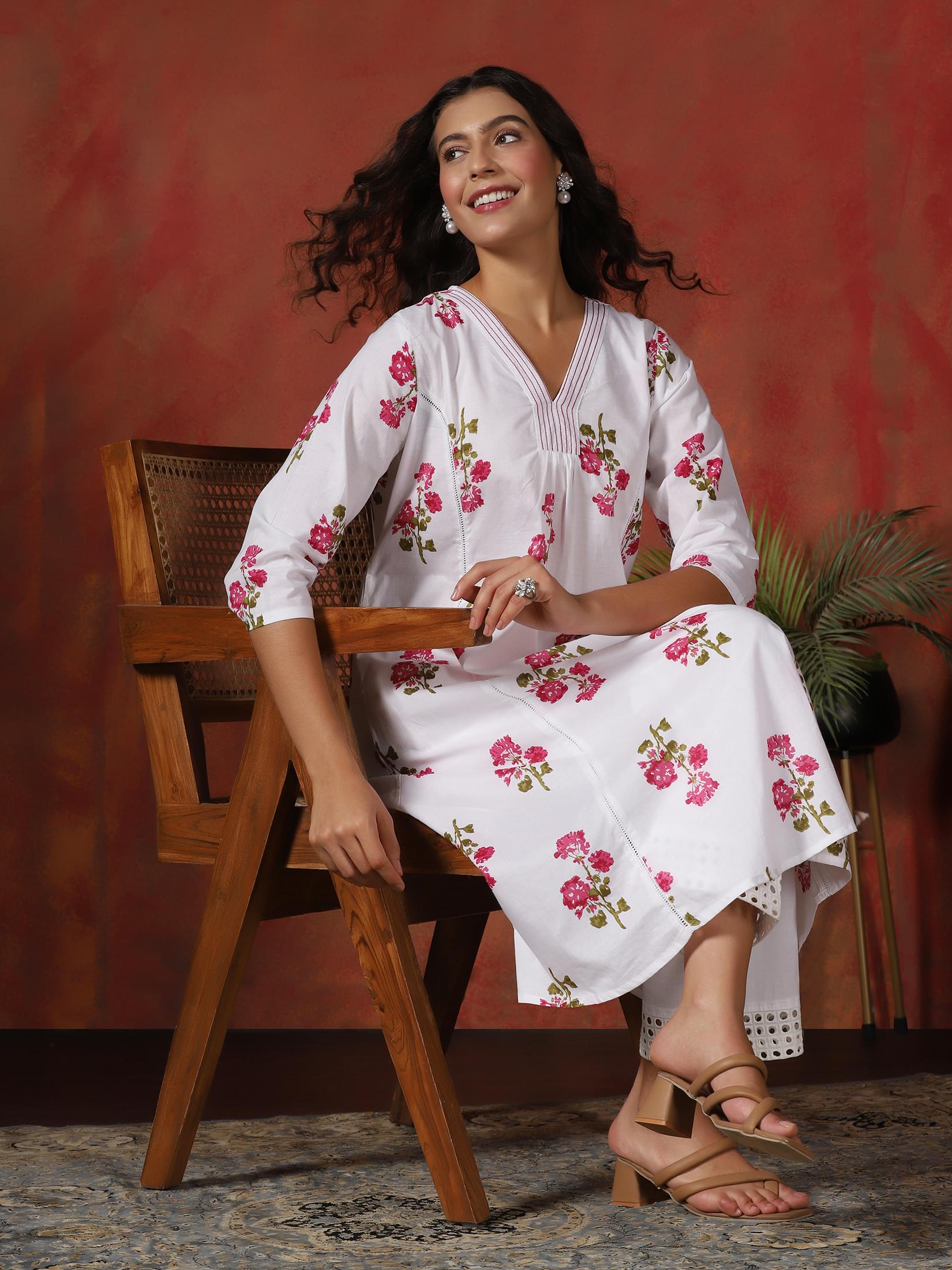 Boho style white floral print pure cotton coordinates summer co-ord set byshree