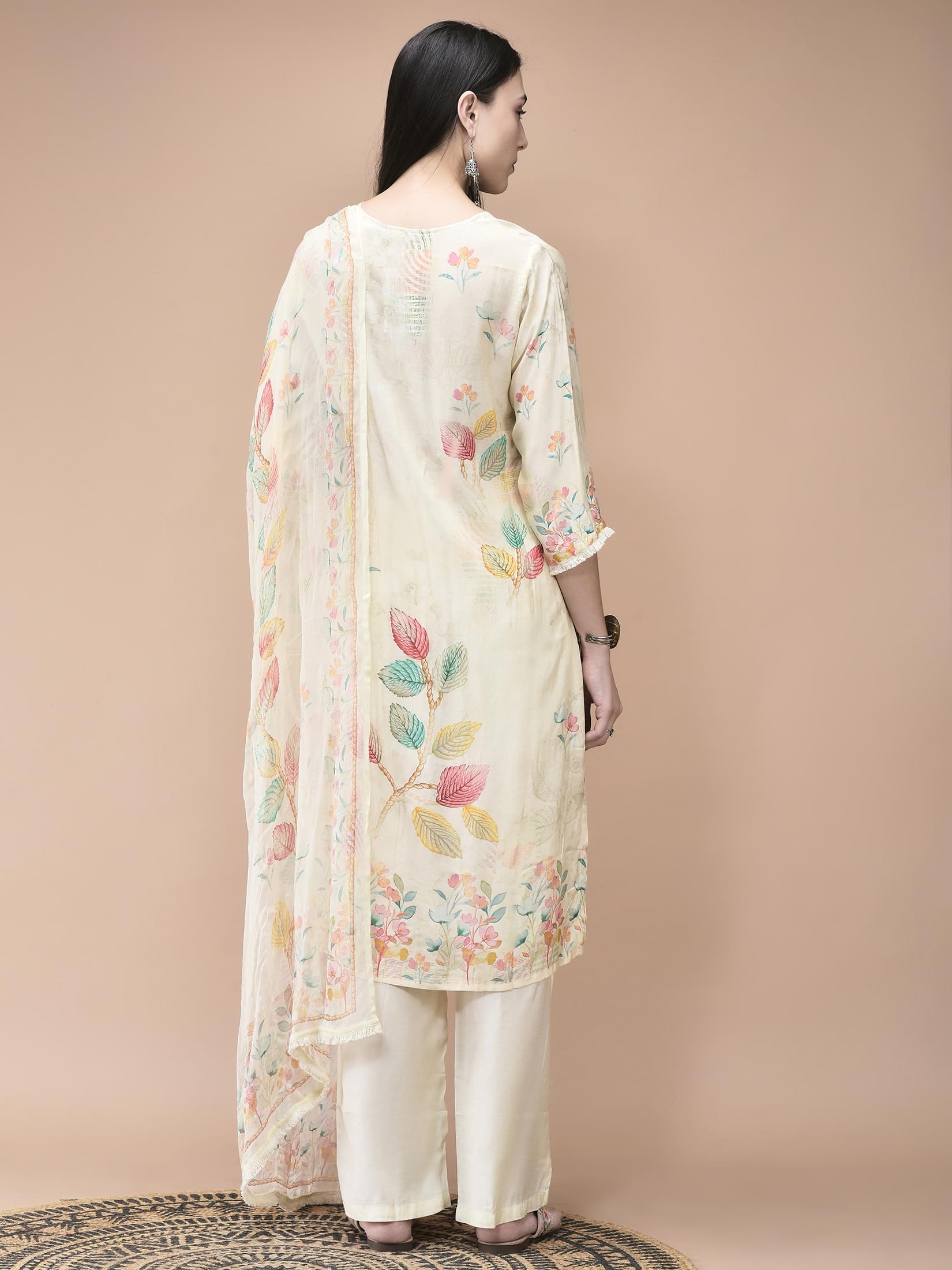 Women Muslin Cream Placement Print Kurta Comfort Pant Dupatta.