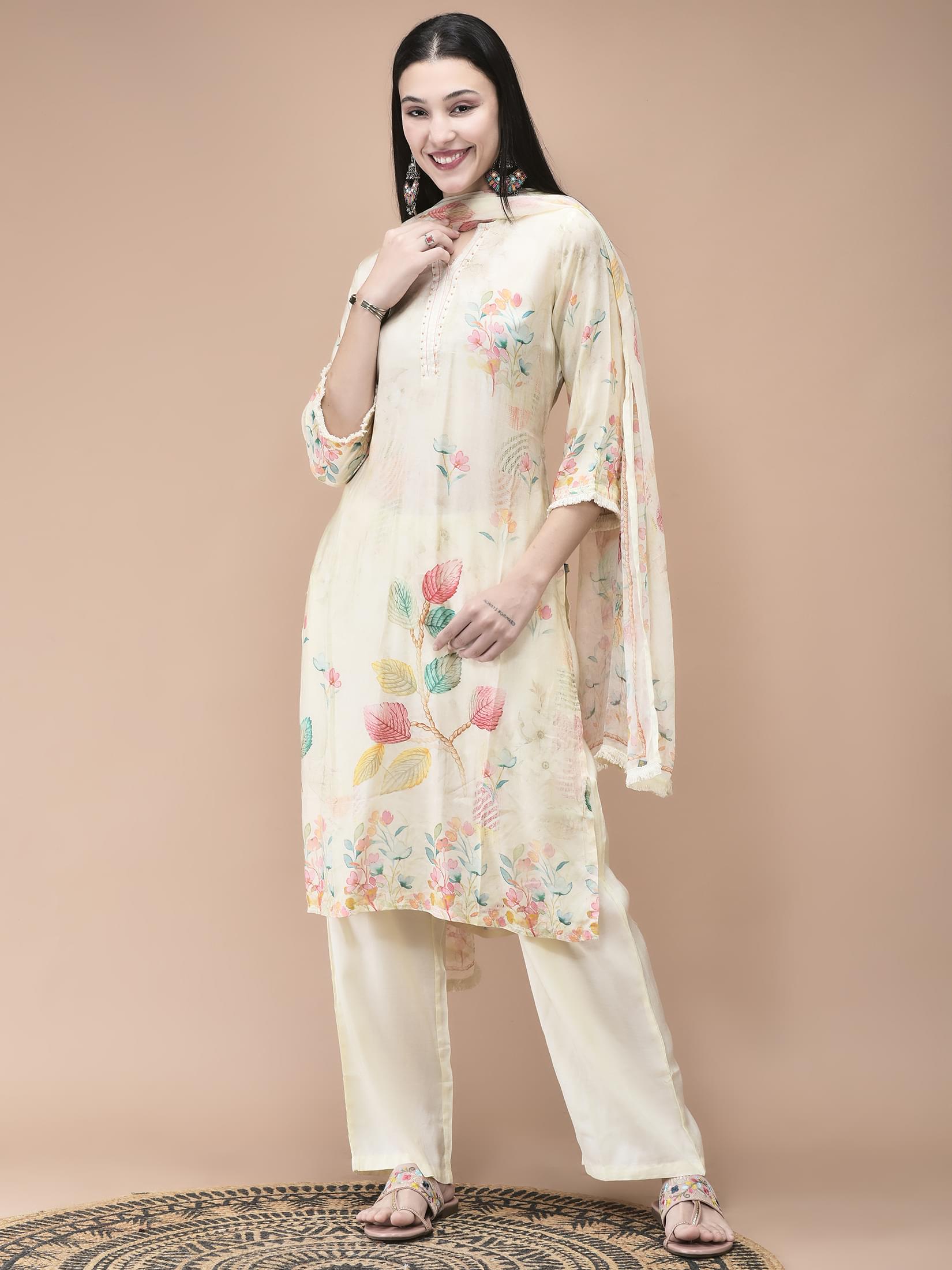 Soft cream artistic placement print luxury muslin silk straight line suit set