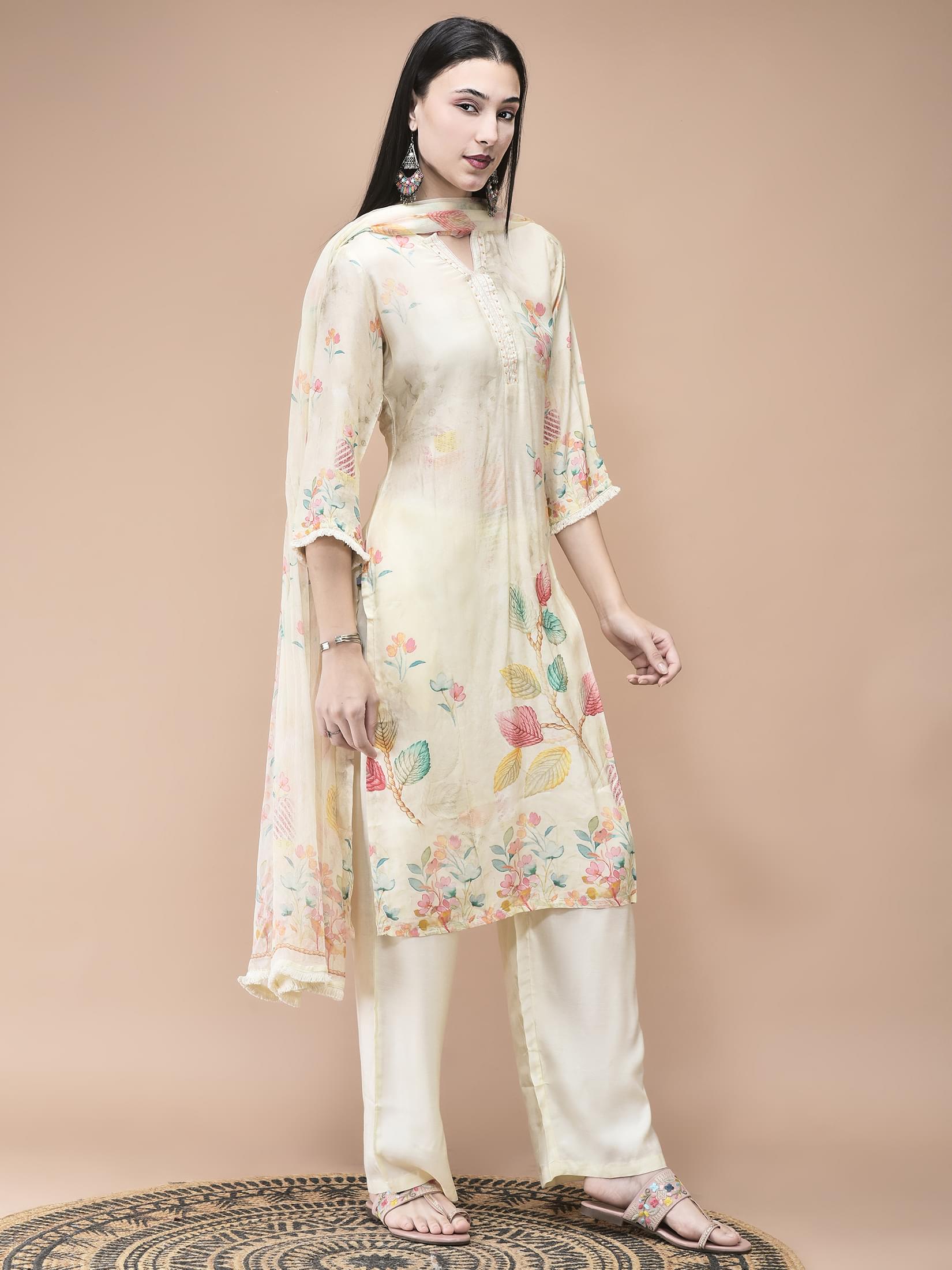 Women Muslin Cream Placement Print Kurta Comfort Pant Dupatta.
