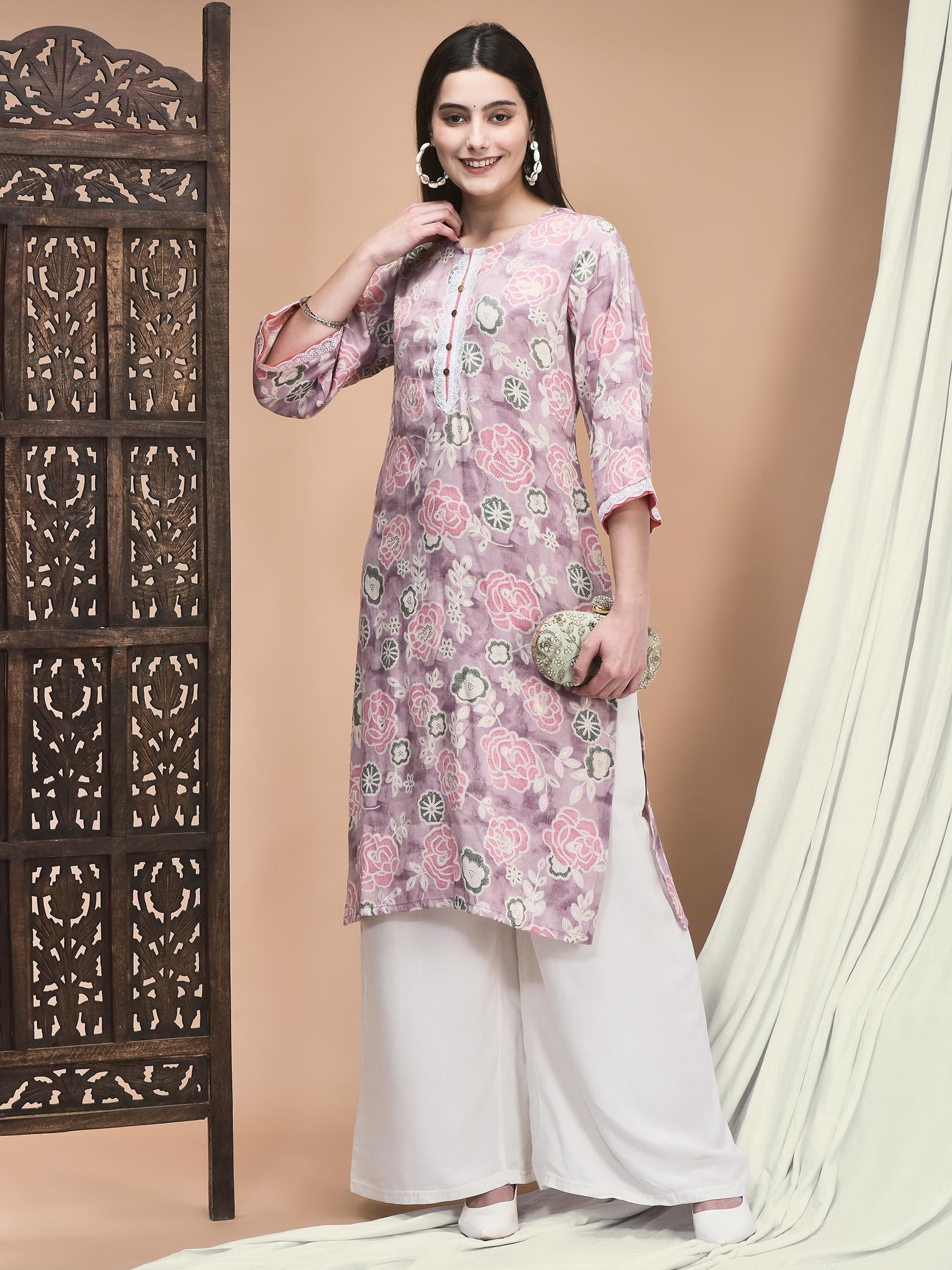 Muted lilac botanical floral print Liva fabric comfortable line straight kurta
