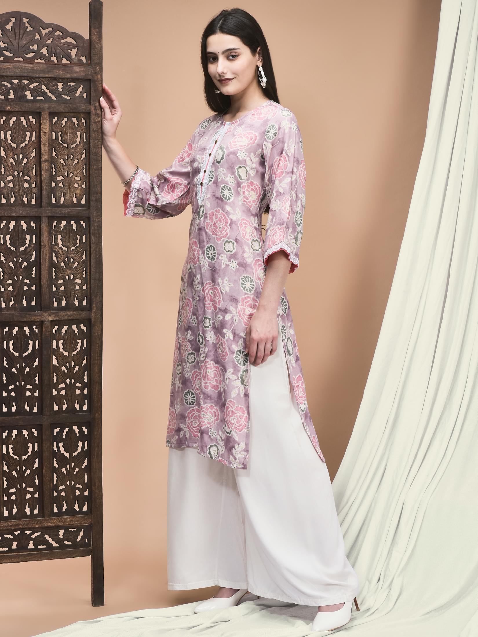 Women Liva Lilac Floral Print Kurta.