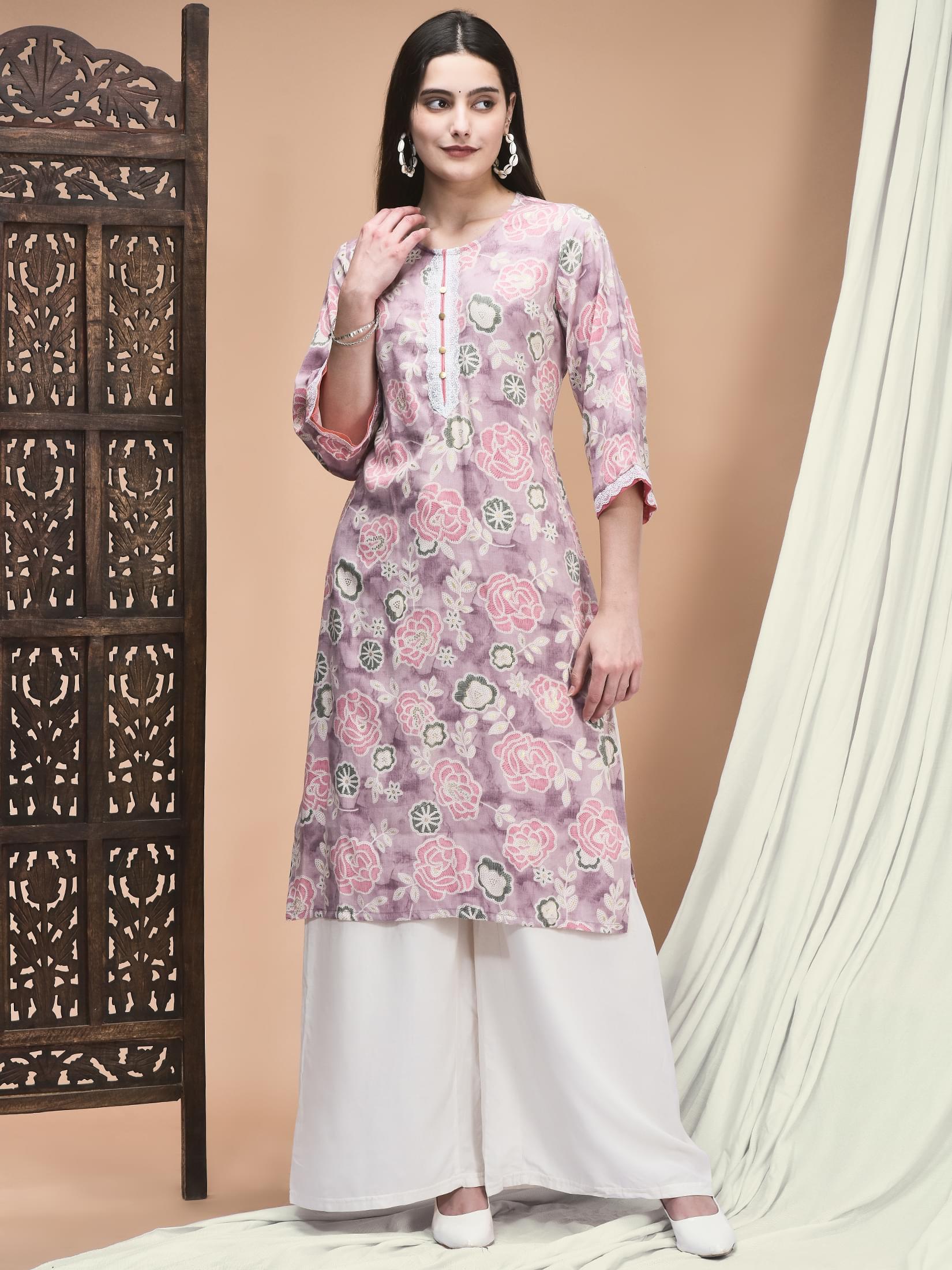 Women Liva Lilac Floral Print Kurta.