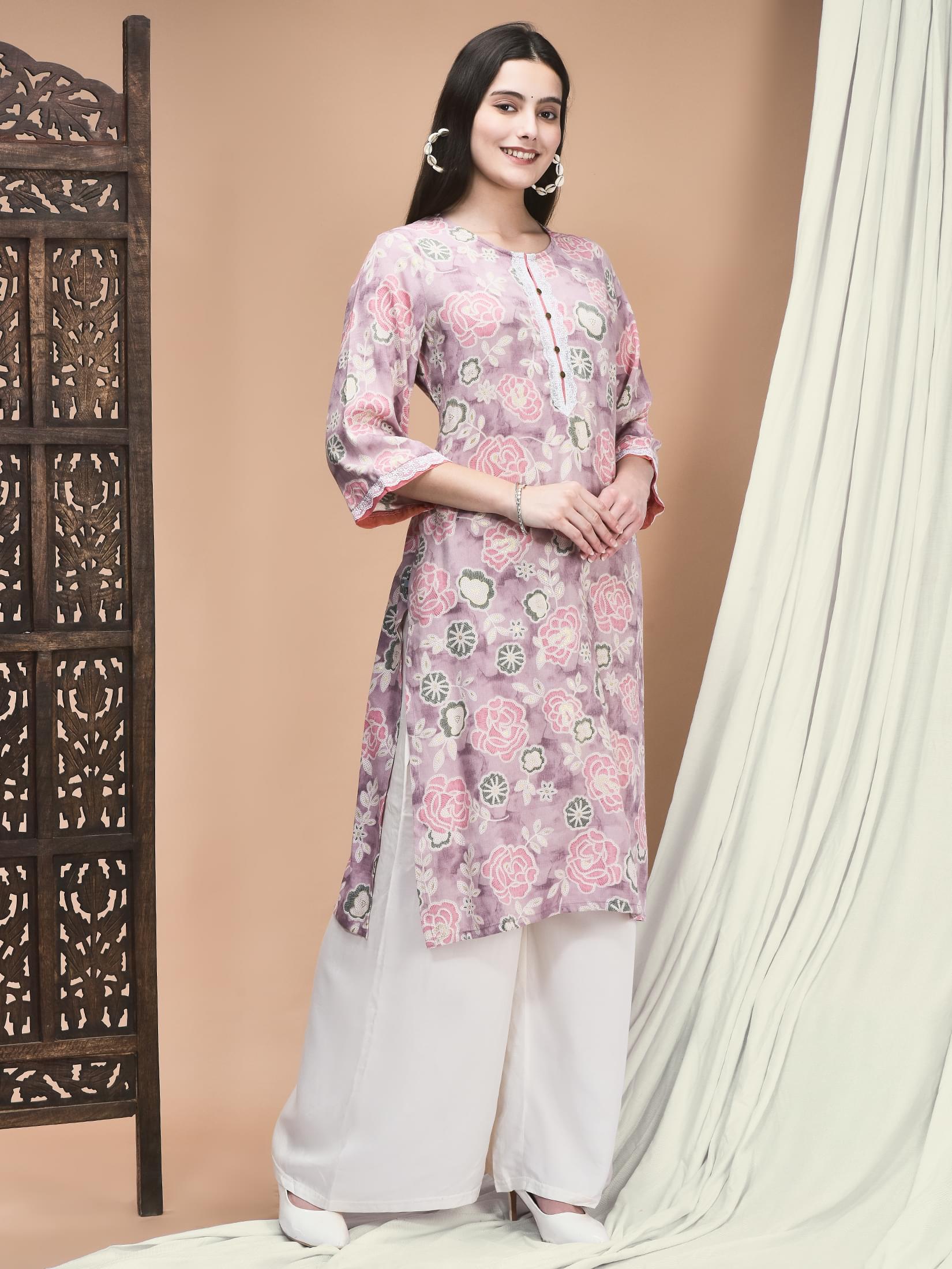 Women Liva Lilac Floral Print Kurta.