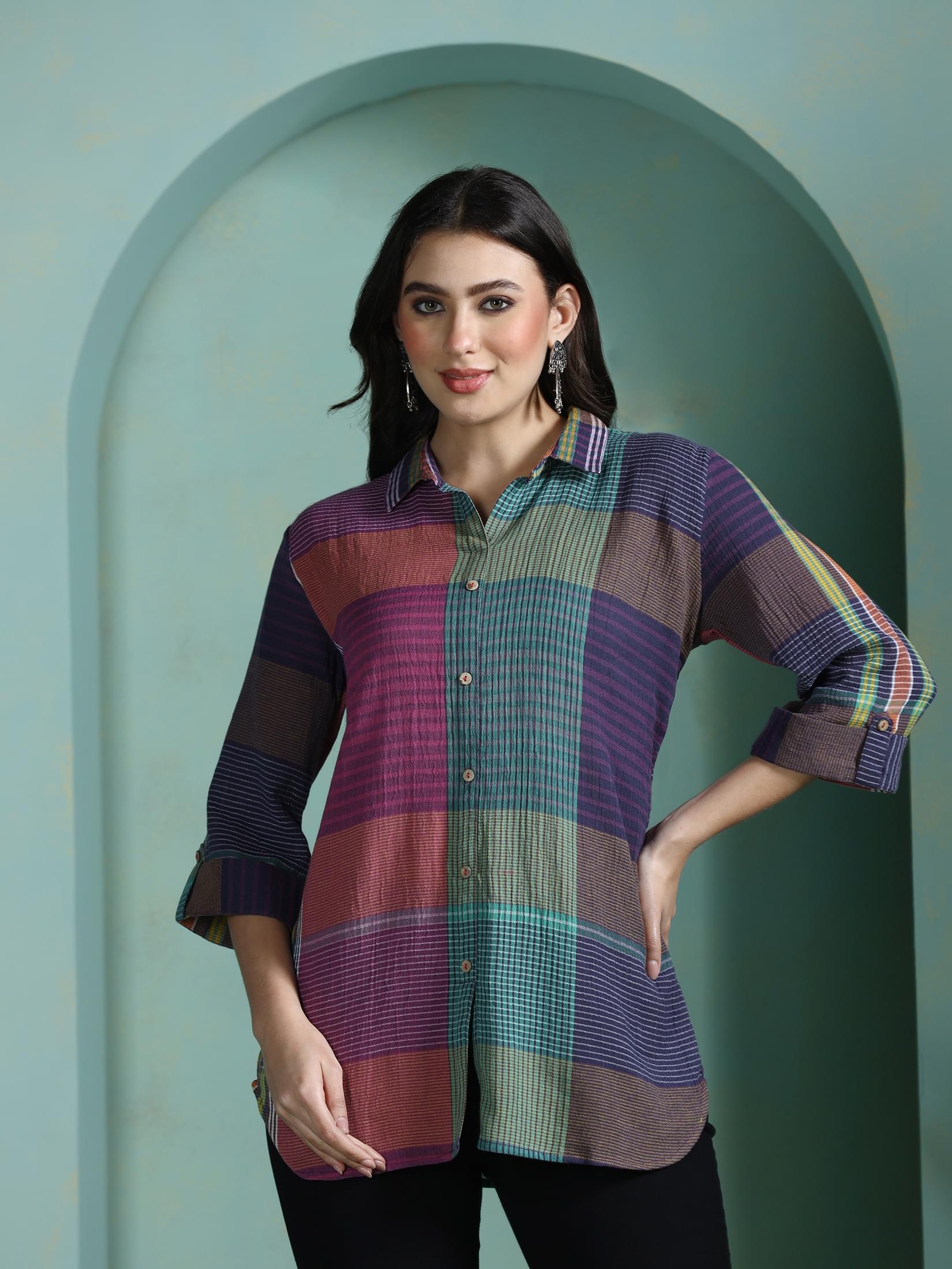 Vibrant multi color yarn dyed woven cotton contemporary short tunic top