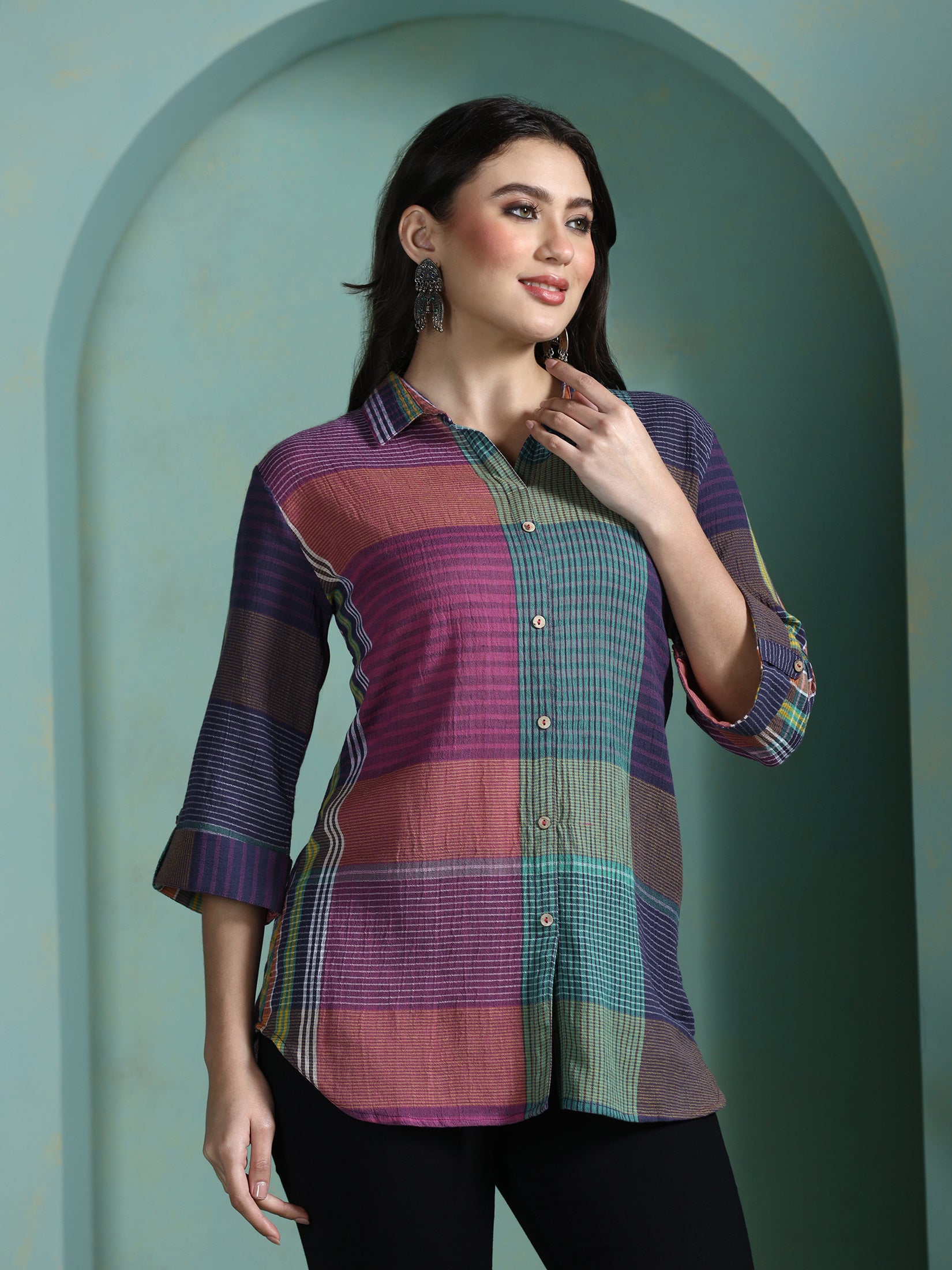 Women Cotton Multicolor Yarn Dyed Tunic