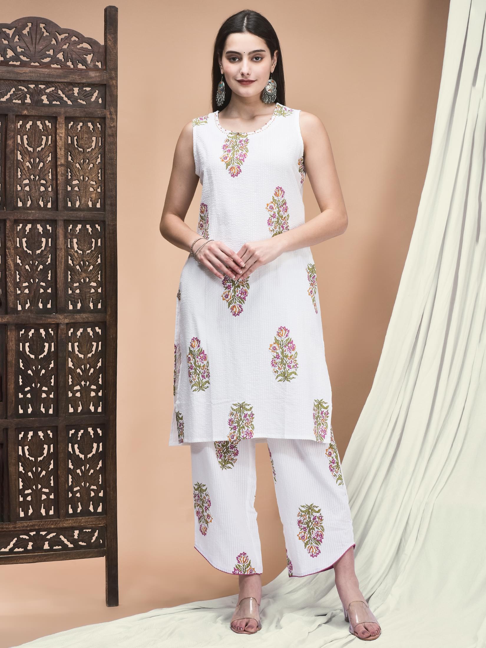 Crisp white spring floral print cotton casual kurta with regular comfort pants