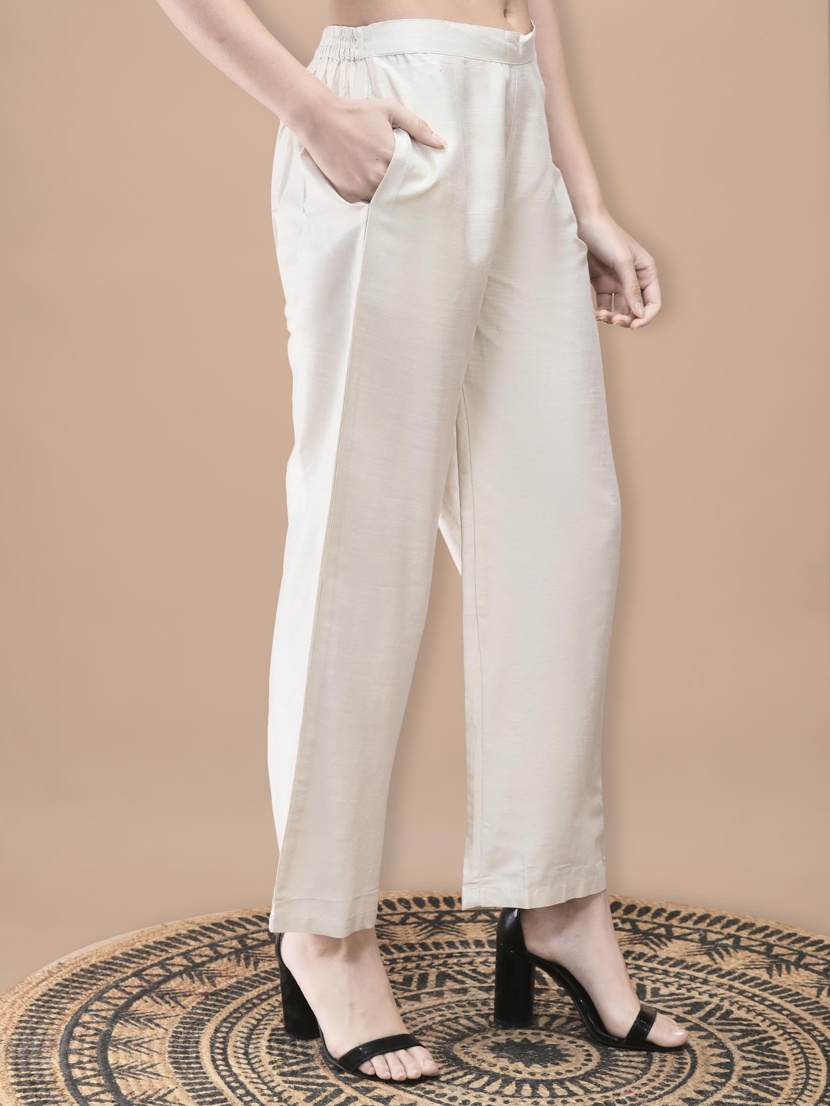 Women Silk Jacquard Beige Solid Kurta Comfort Pant Dupatta.