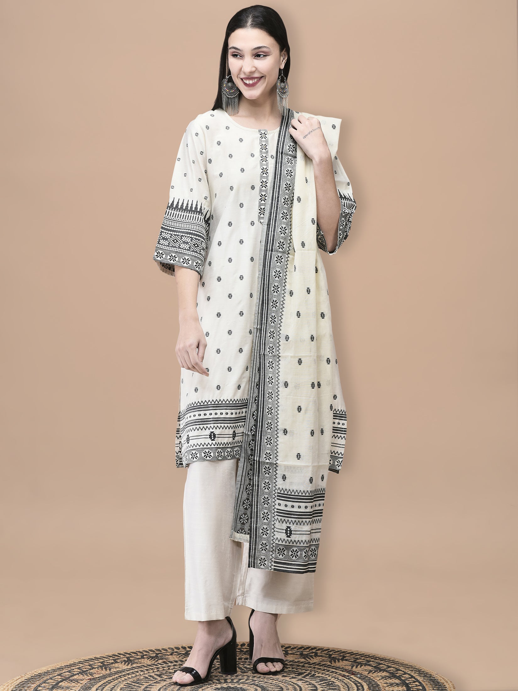 Women Silk Jacquard Beige Solid Kurta Comfort Pant Dupatta