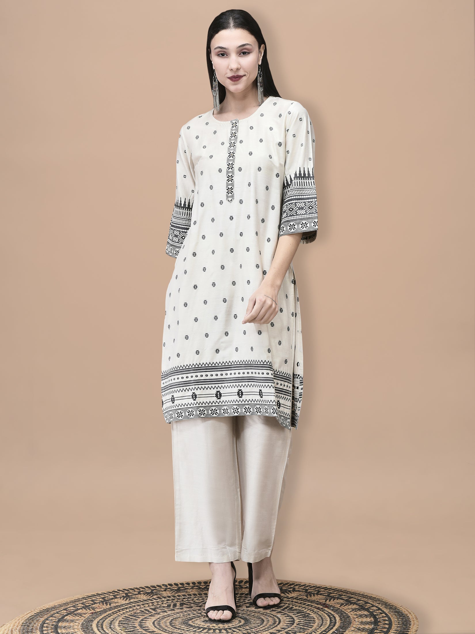 Women Silk Jacquard Beige Solid Kurta Comfort Pant Dupatta