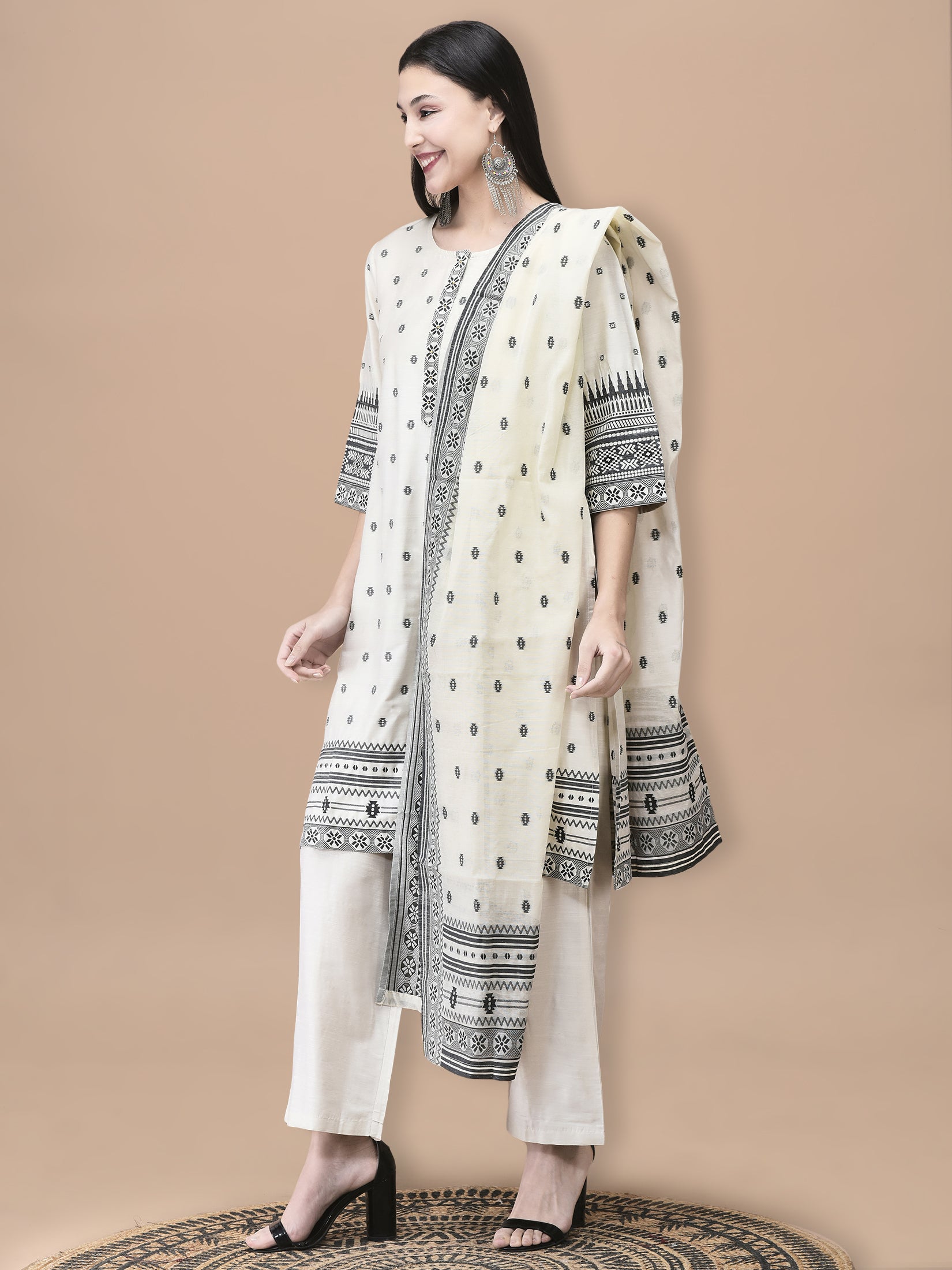Women Silk Jacquard Beige Solid Kurta Comfort Pant Dupatta