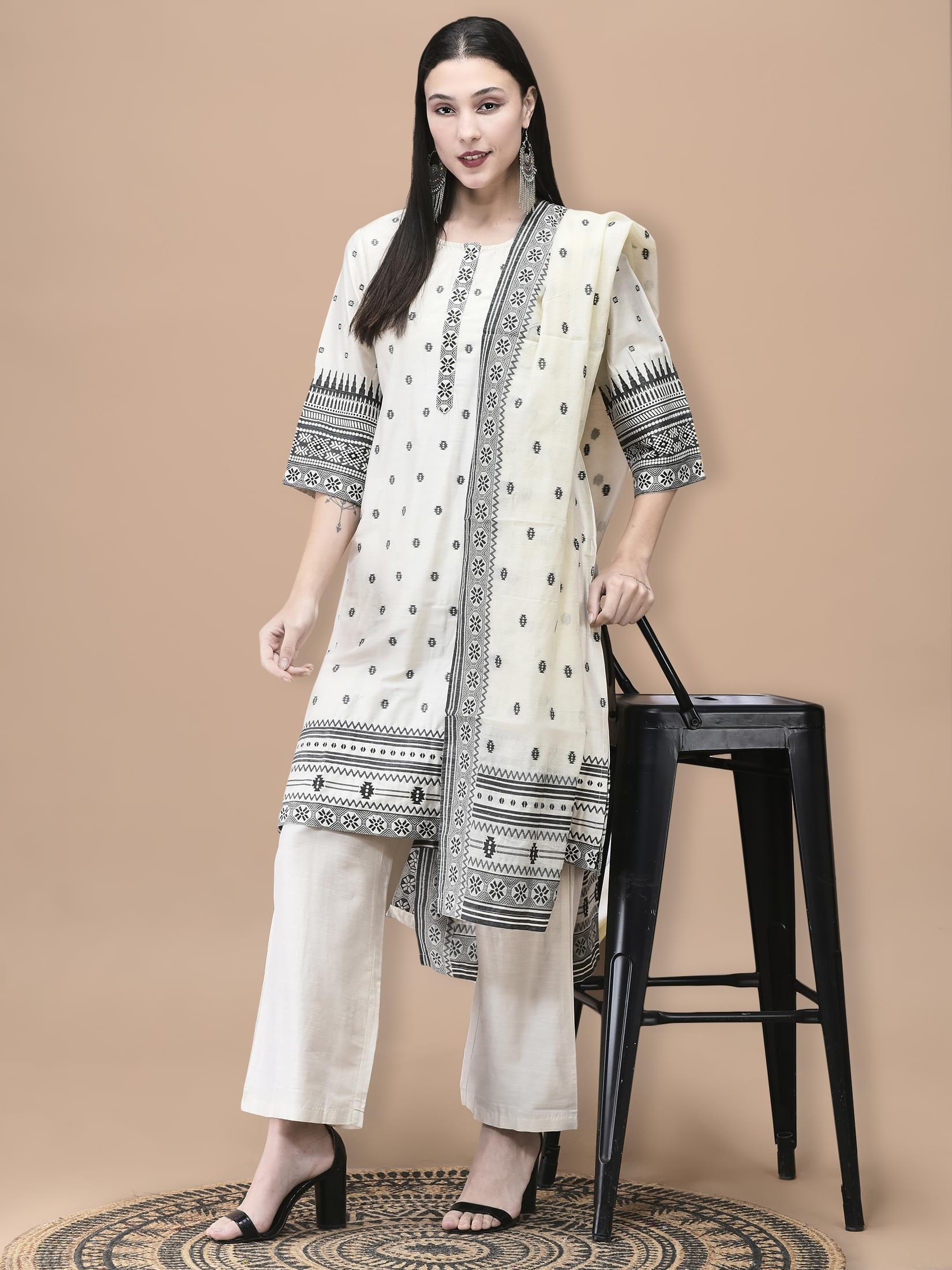 Elegant beige solid tone silk jacquard self texture premium festive suit set