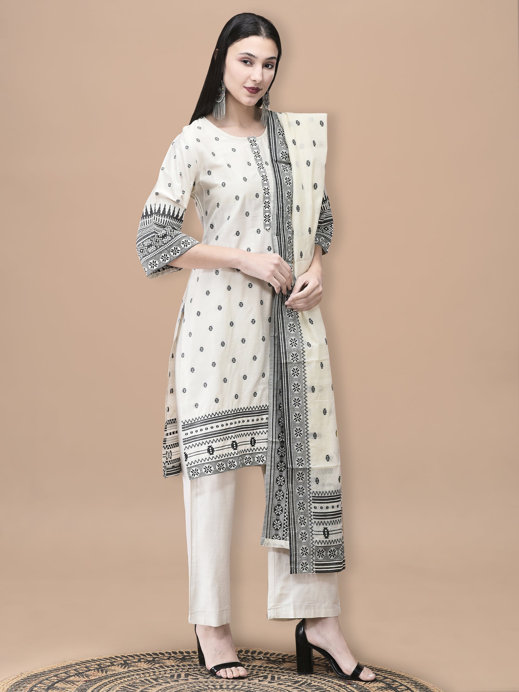 Women Silk Jacquard Beige Solid Kurta Comfort Pant Dupatta