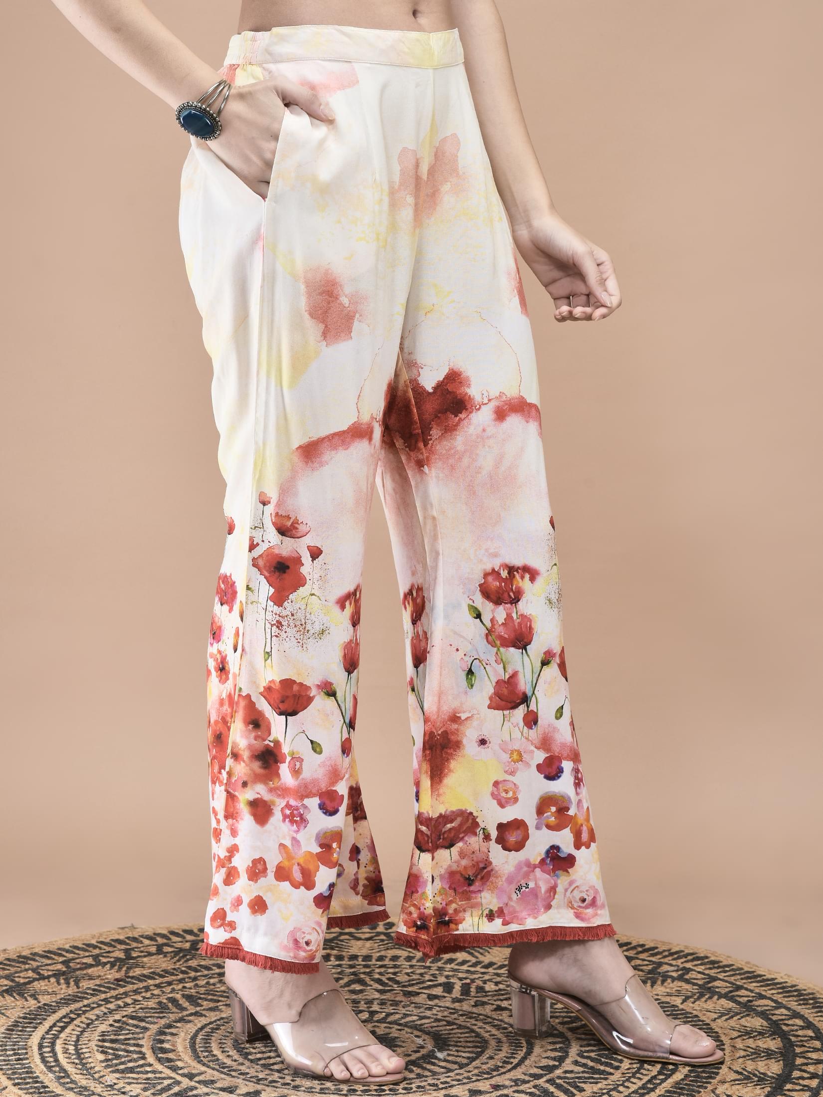 Women Liva Red and Lemon yellow Floral Print Kurta Bell Bottom pant Dupatta.
