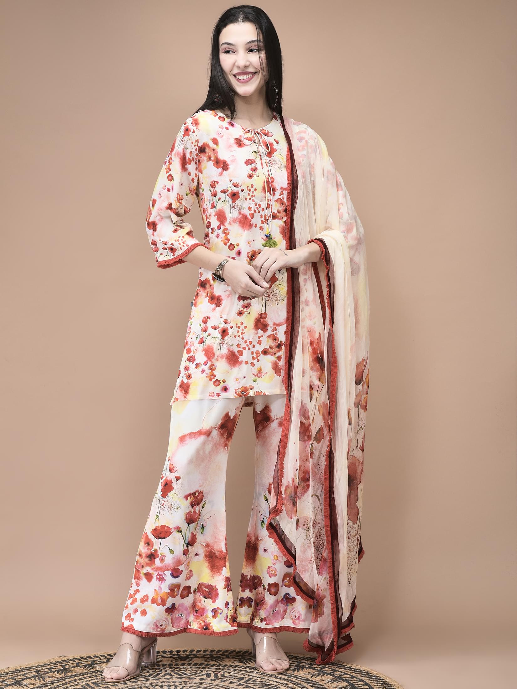 Crimson red and lemon yellow floral pattern Liva kurta with bell bottom pants