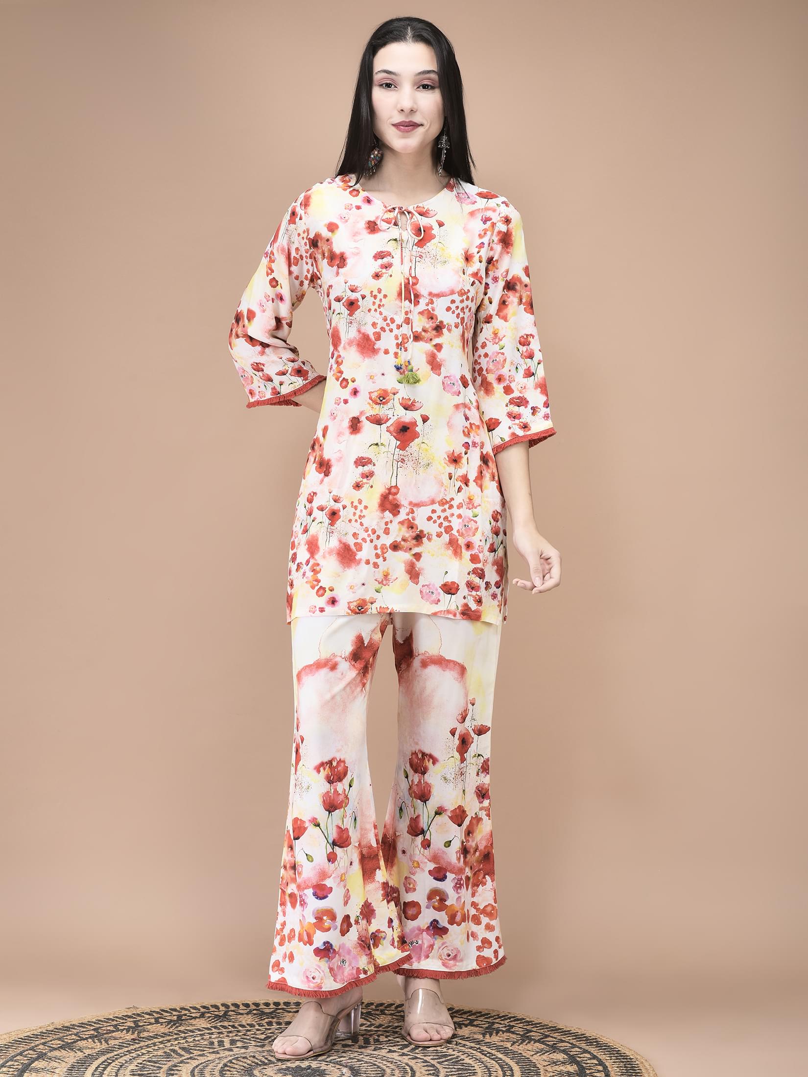 Women Liva Red and Lemon yellow Floral Print Kurta Bell Bottom pant Dupatta.