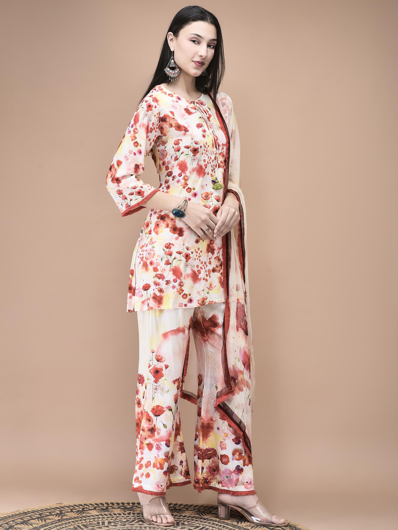 Women Liva Red and Lemon yellow Floral Print Kurta Bell Bottom pant Dupatta.