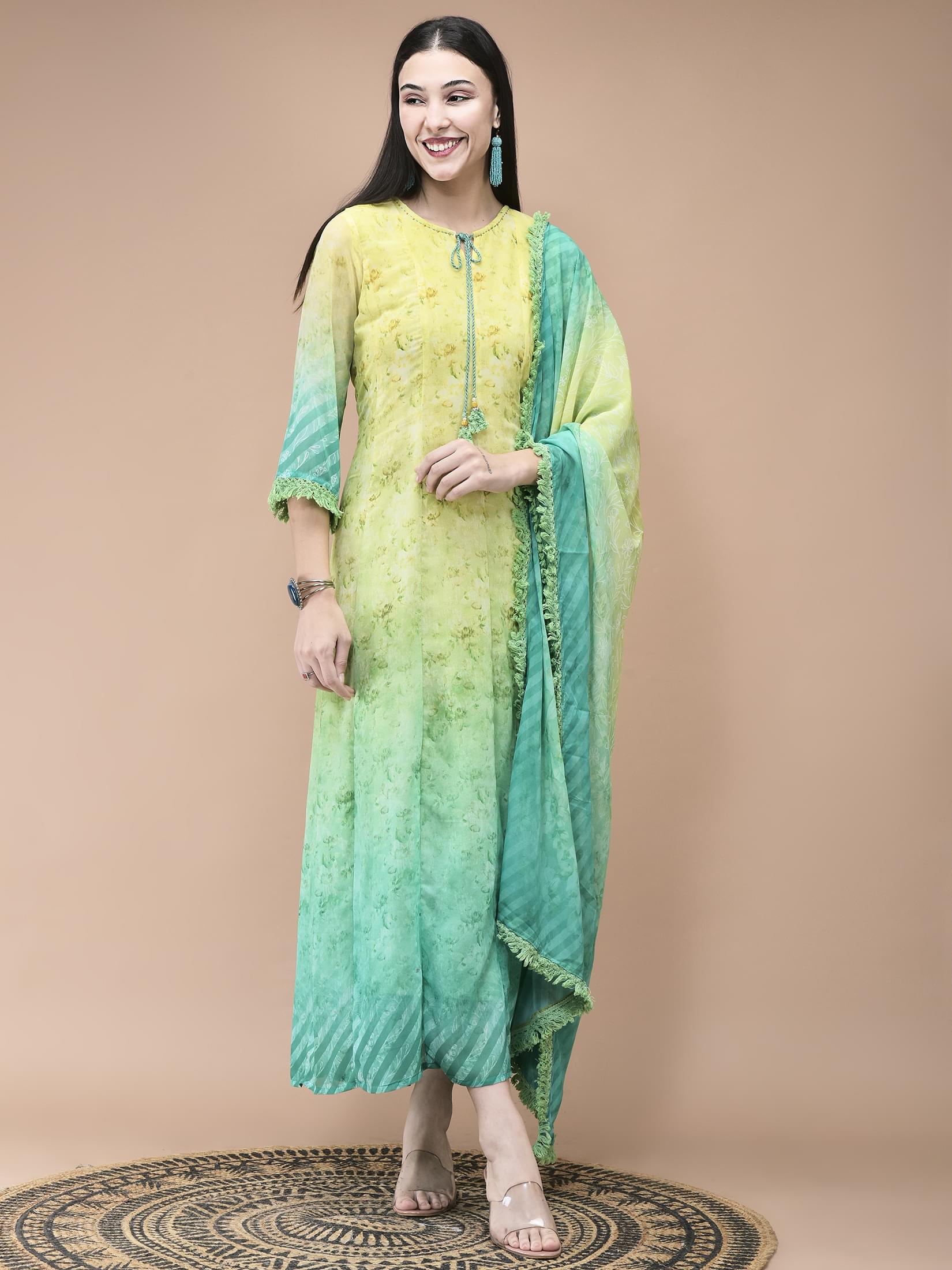Light lime green and yellow dual tone floral georgette flowy ethnic dress