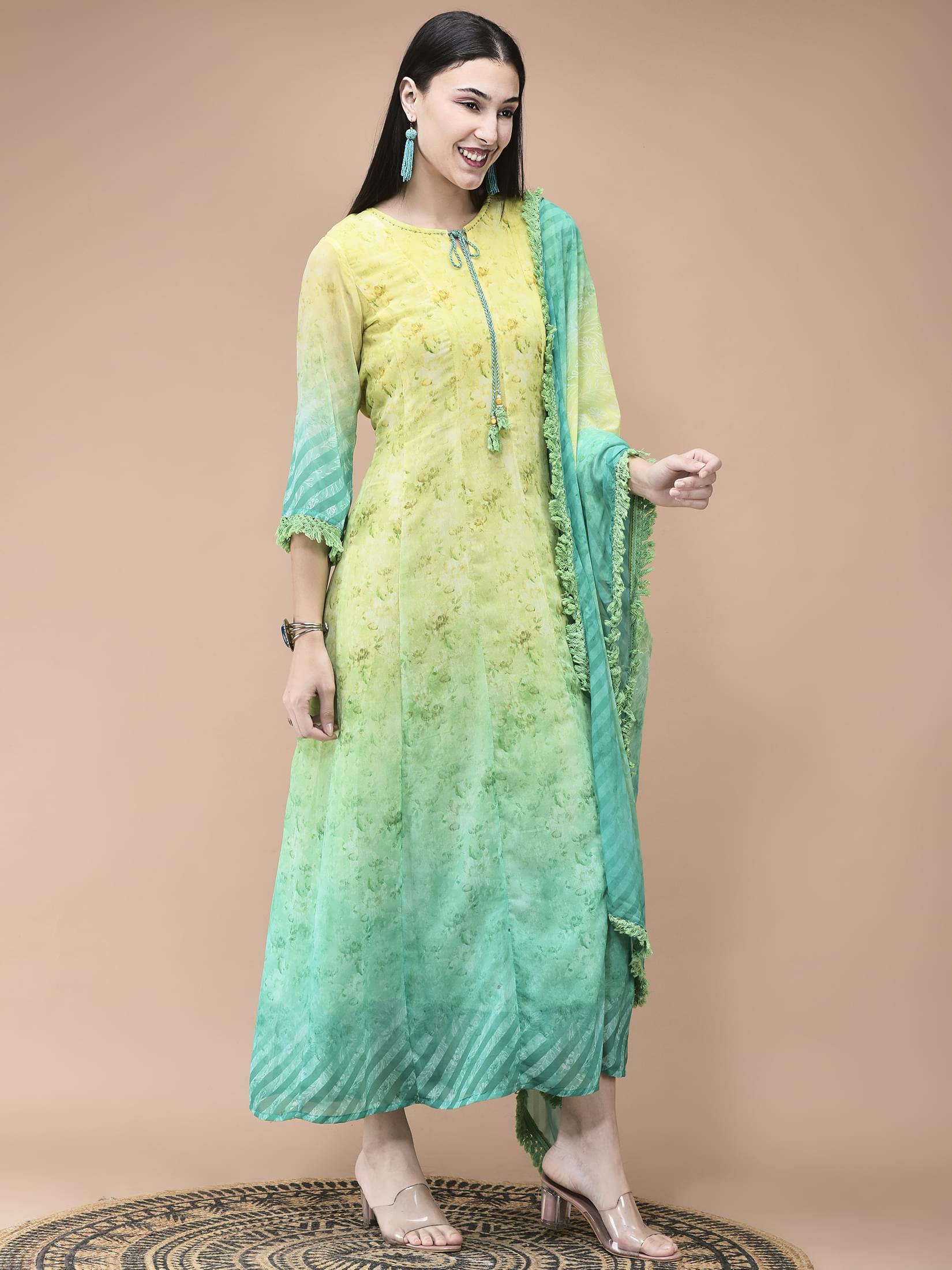 Women Georgette Lemon green Yellow Floral Print Dress With Dupatta.