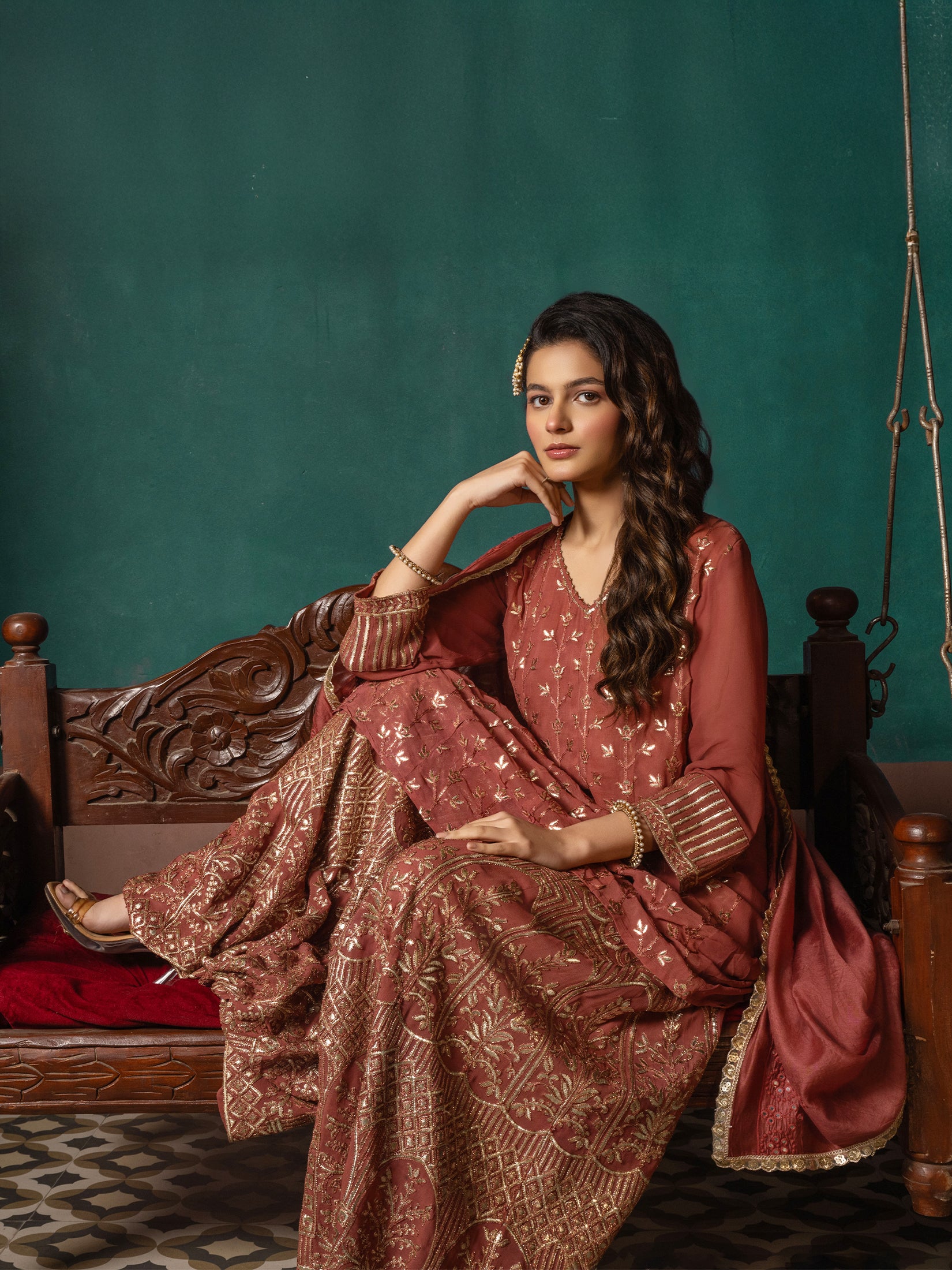 Festive Rust Radiance Georgette Kurta Set With Split Pant Dupatta
