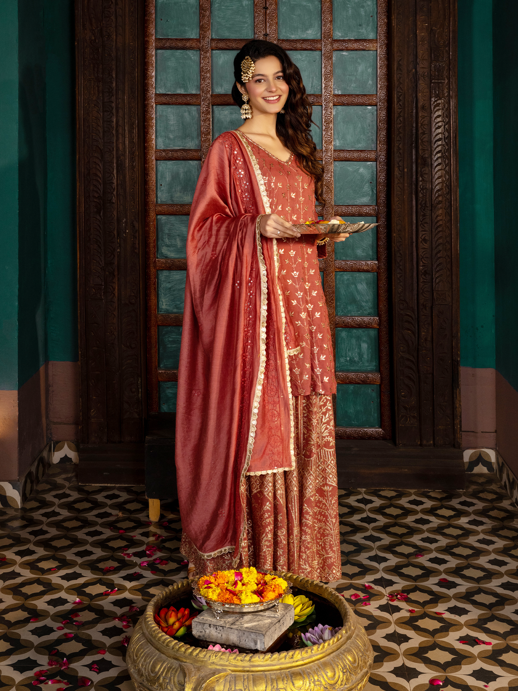 Festive Rust Radiance Georgette Kurta Set With Split Pant Dupatta