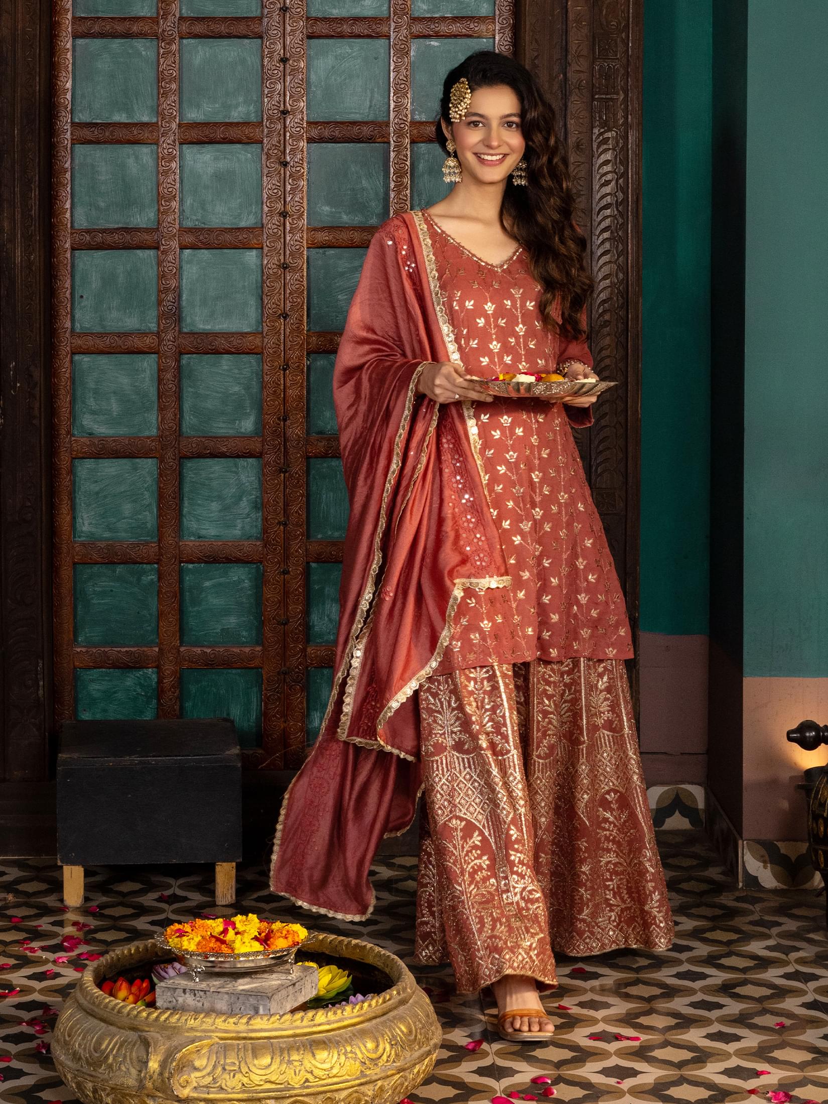 Rust orange radiant georgette heavy embroidered festive kurta split pant set