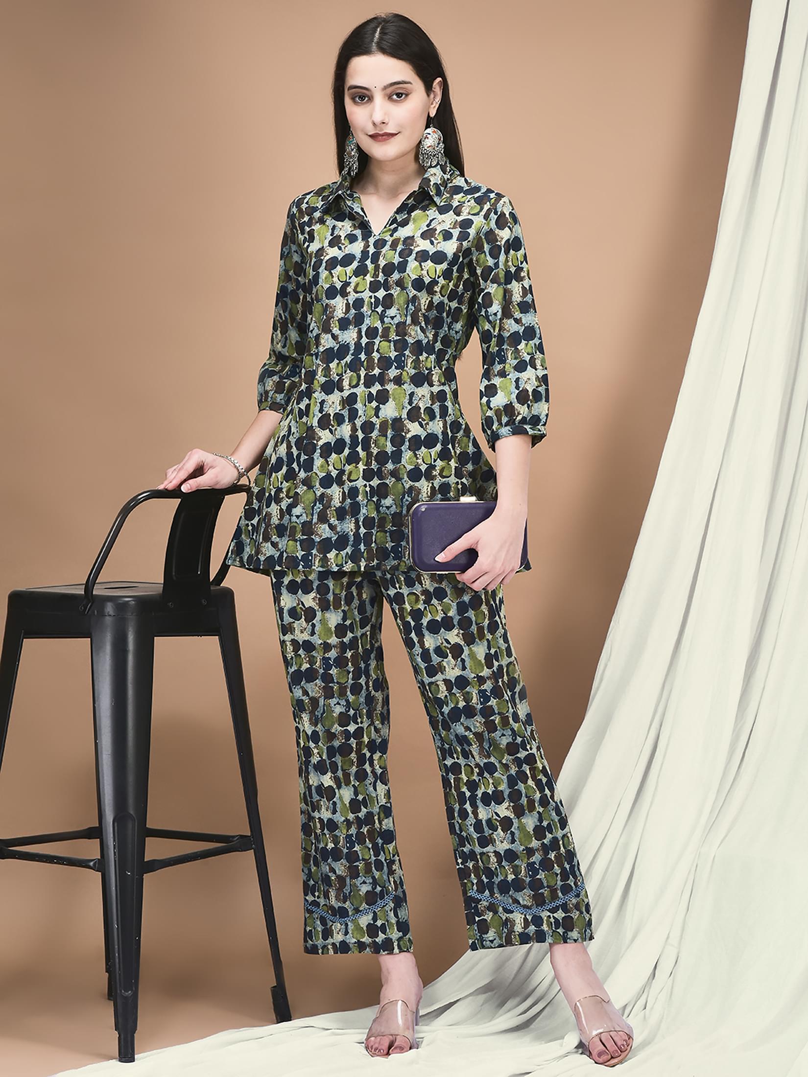 Blue multicolor polka dot print cotton cambric retro style fashion co-ord set
