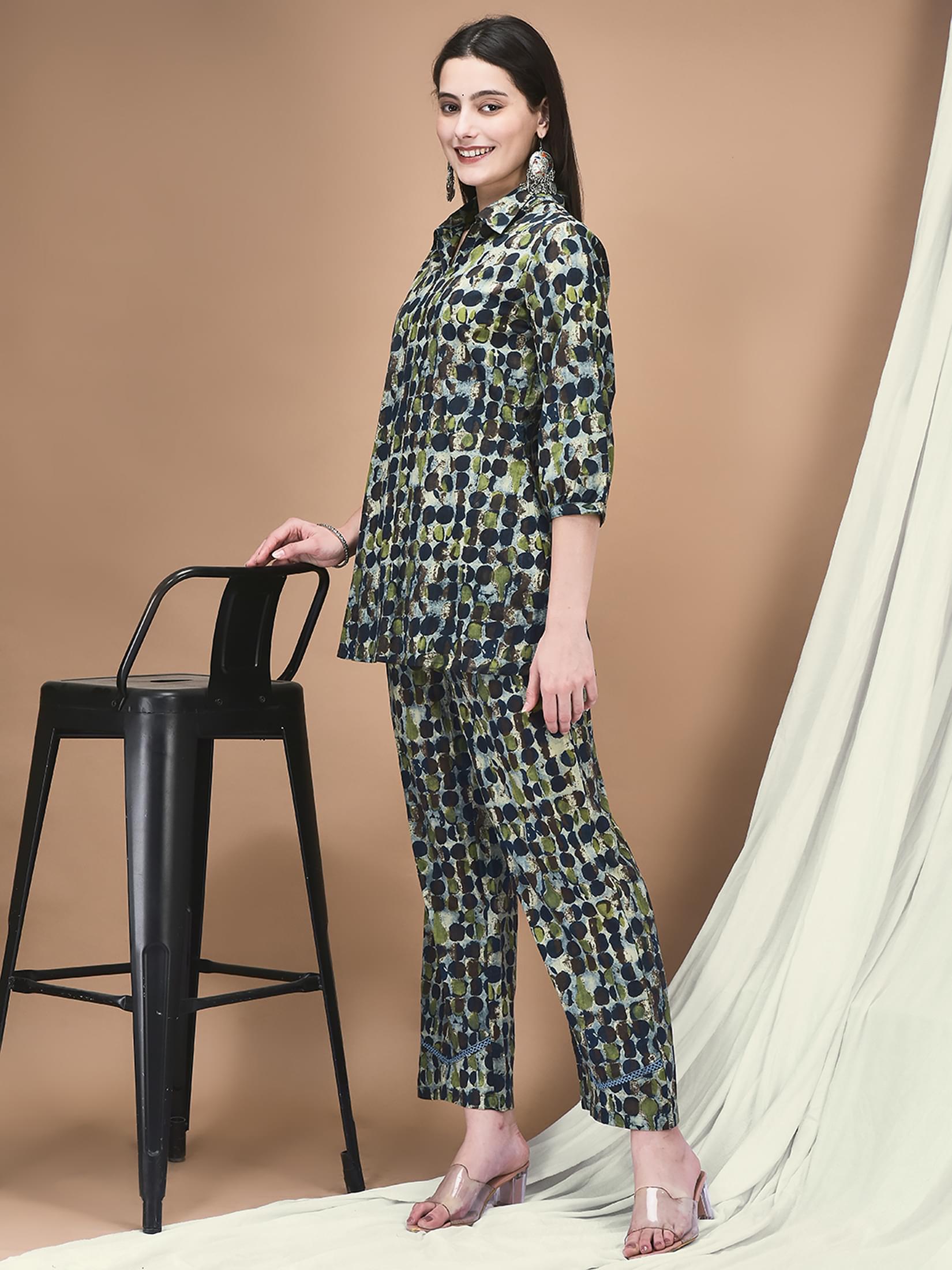 Women Cotton Cambric Blue Multicolor Polka Print Co-Ord Set.