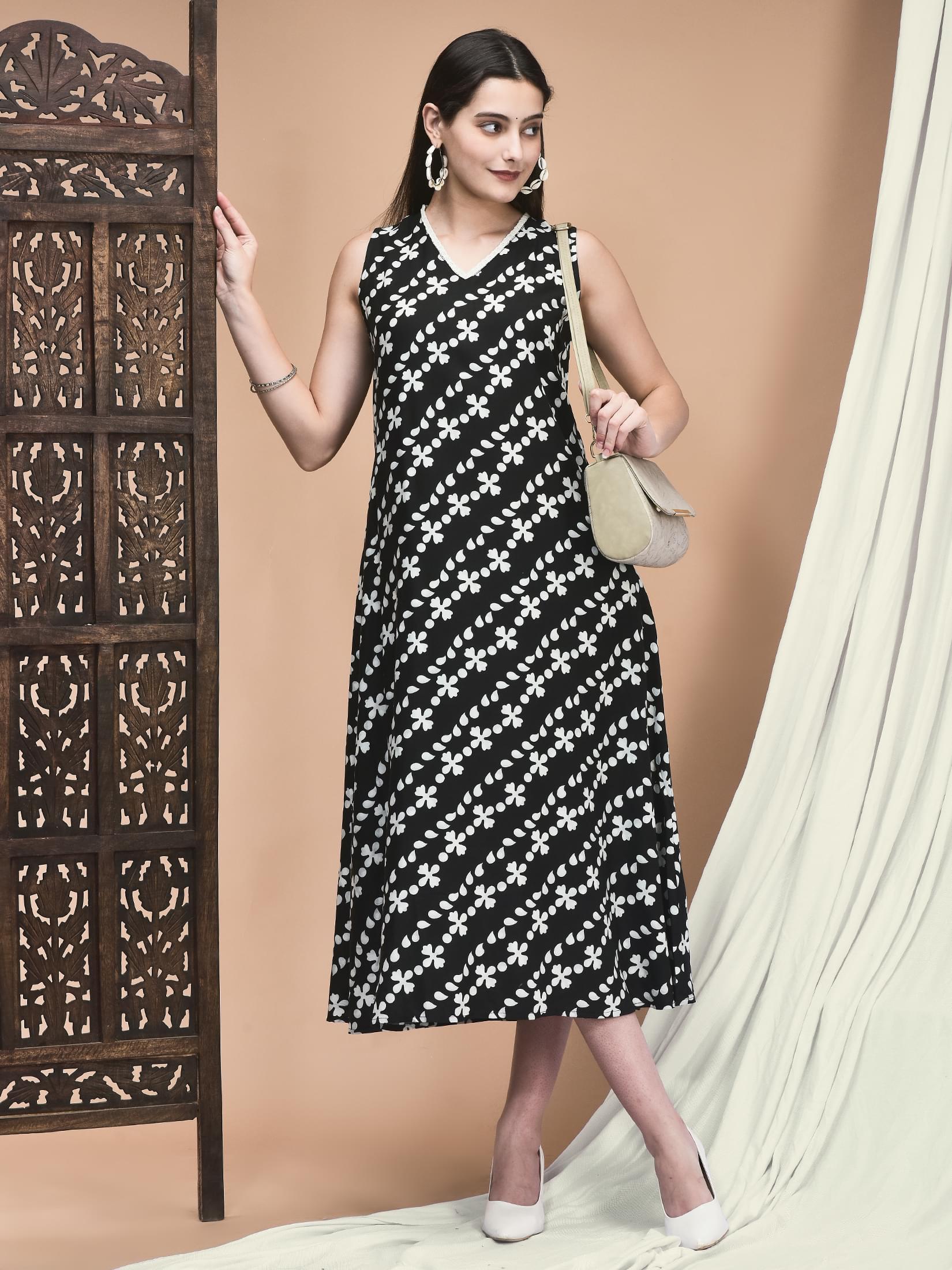 Monochrome black and white abstract print Liva fabric regular fit A-line dress