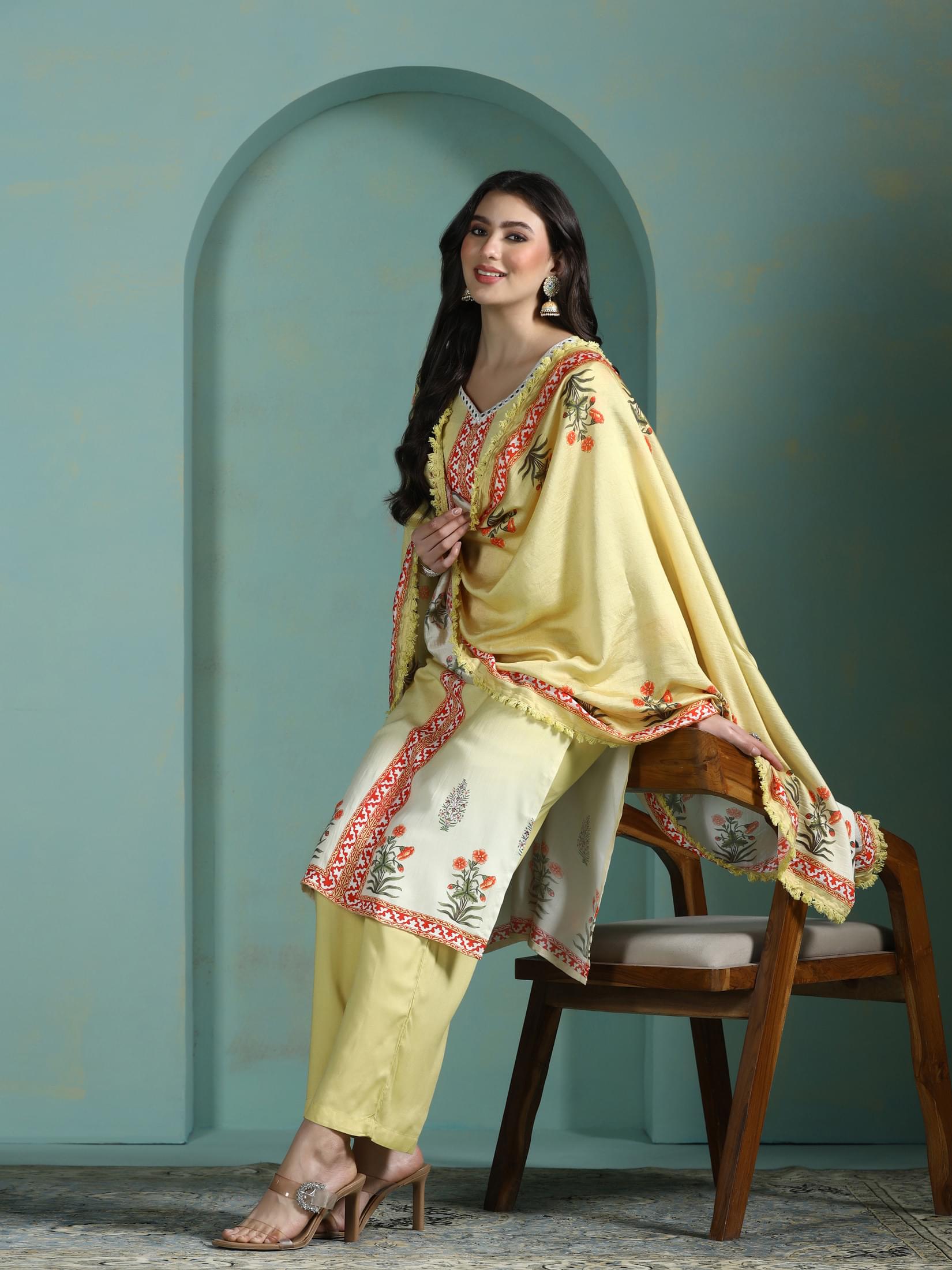 Lime yellow geometric print Liva straight kurta comfort pant dupatta set
