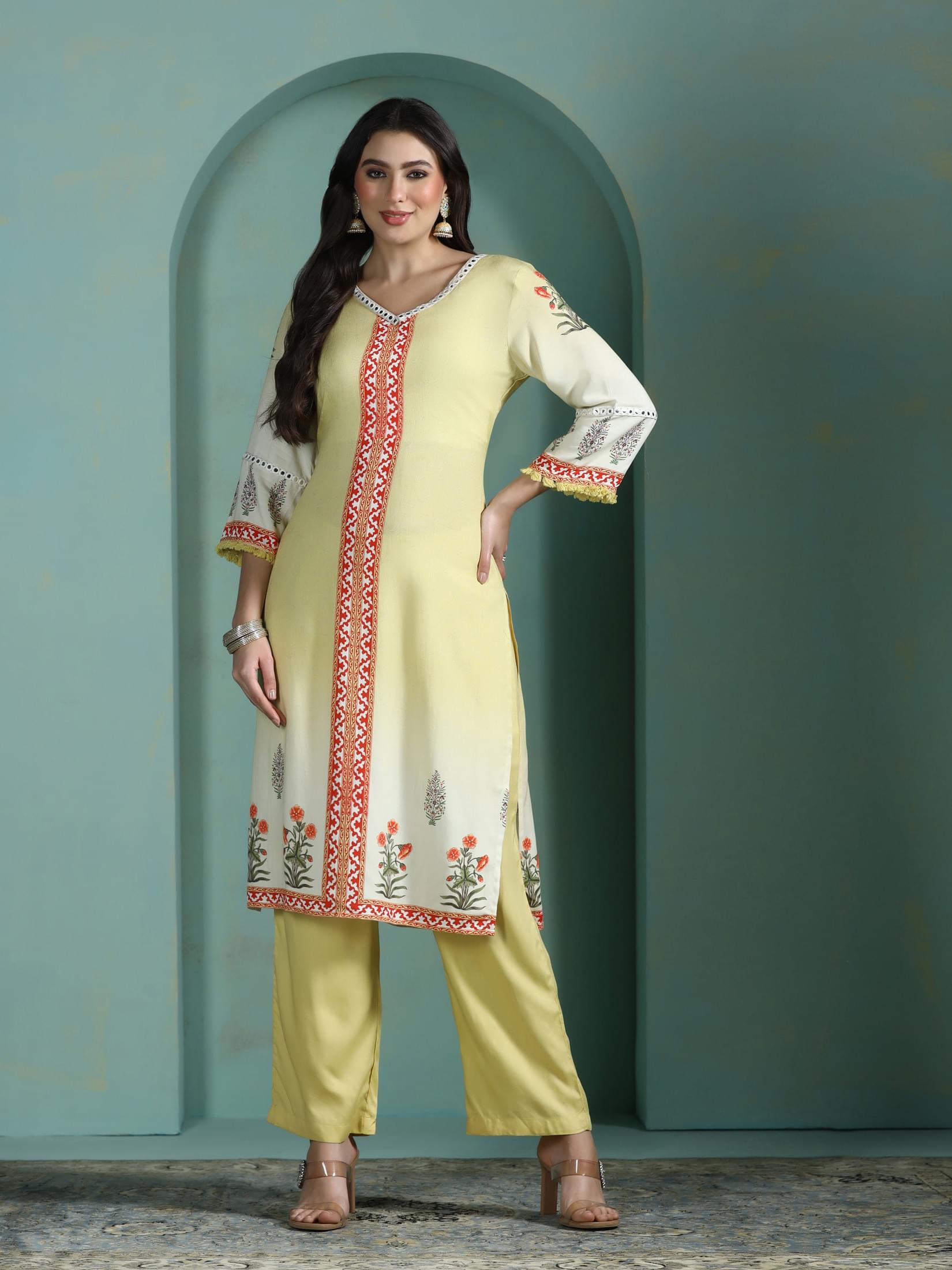 Women Liva Lime Yellow Printed Kurta Comfort Pant Dupatta.