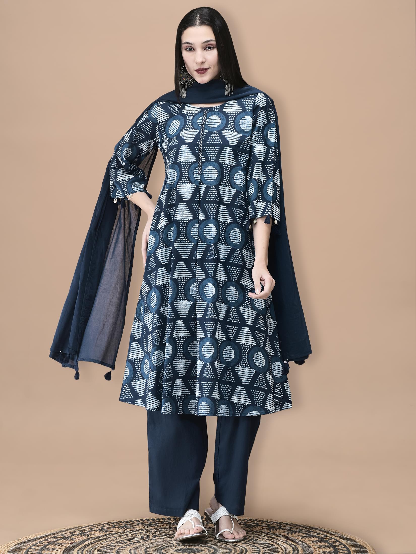 Indigo blue geometric print pure cotton ethnic look straight trouser suit