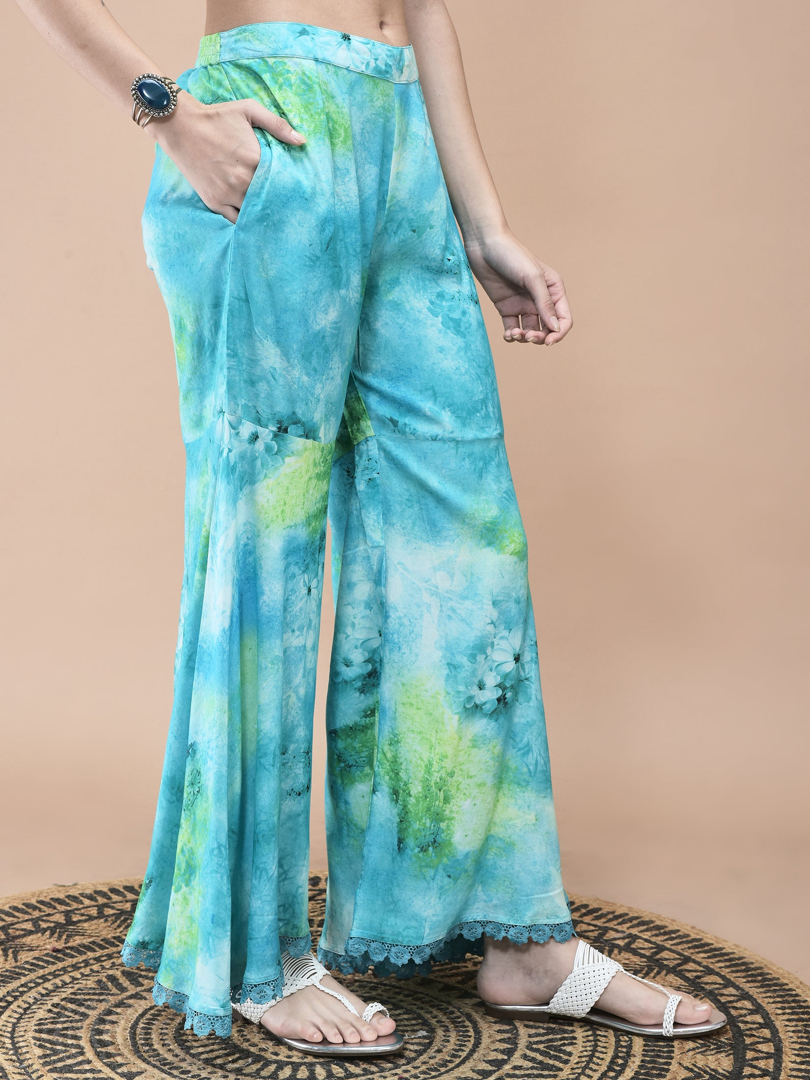 Women Liva Aqua Blue Abstract Print Kurta Sharara Dupatta