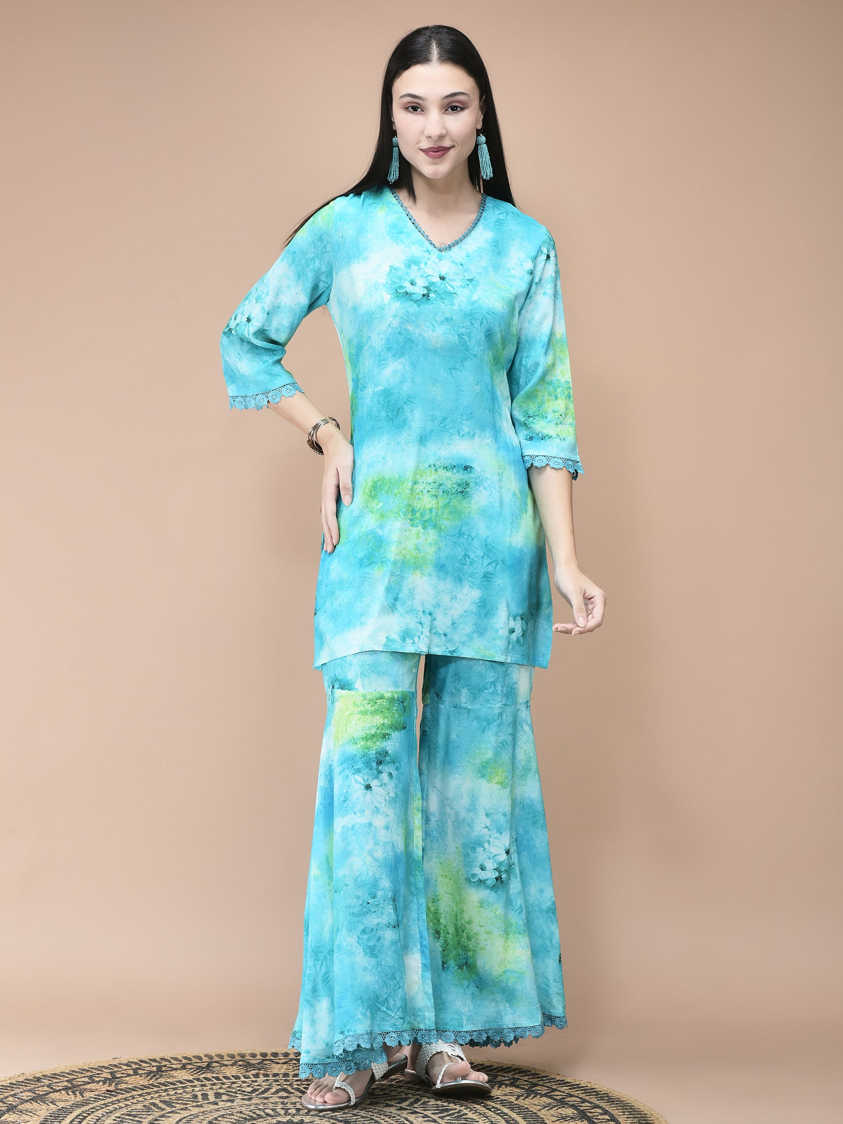 Women Liva Aqua Blue Abstract Print Kurta Sharara Dupatta