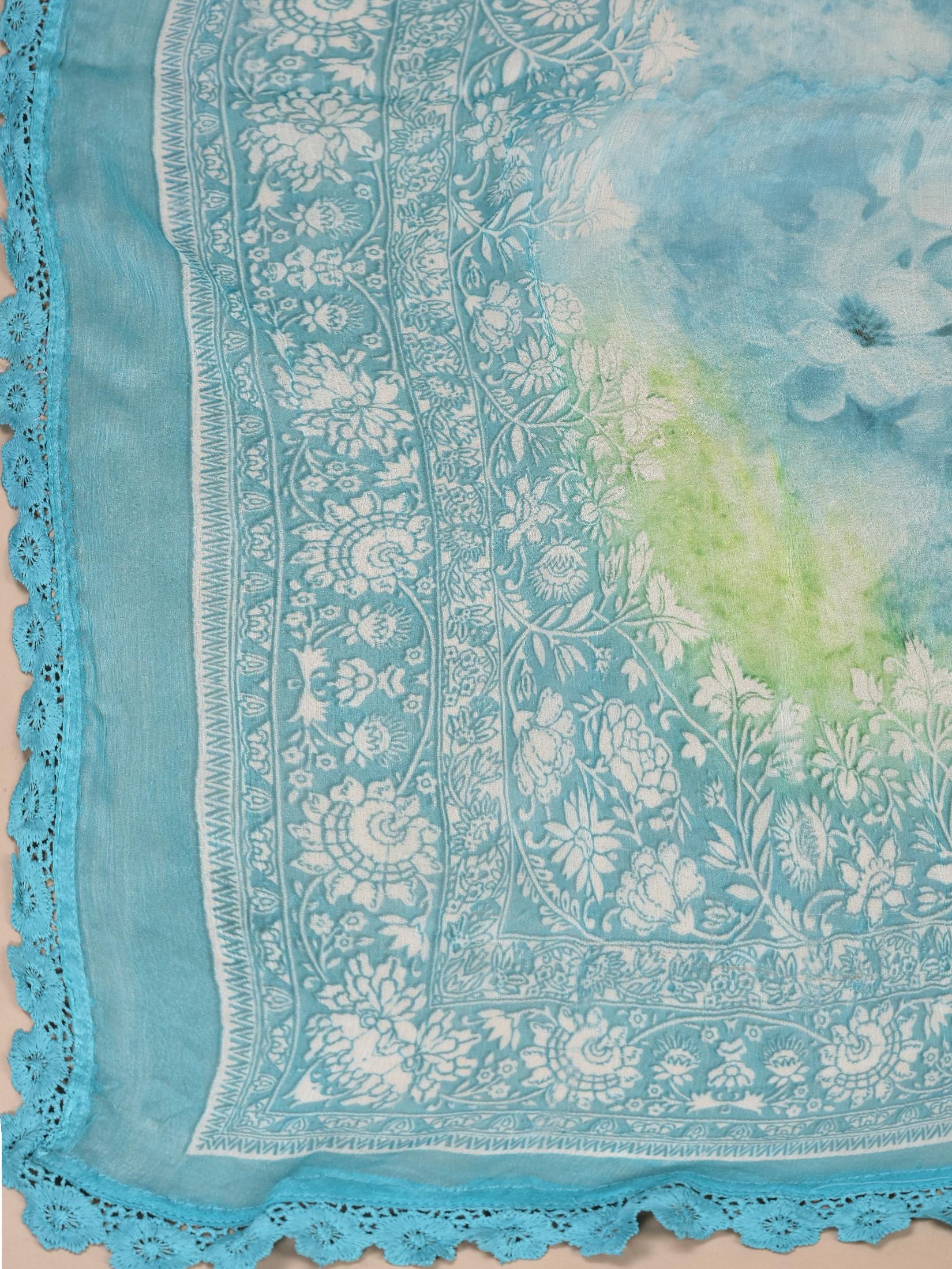 Women Liva Aqua Blue Abstract Print Kurta Sharara Dupatta.