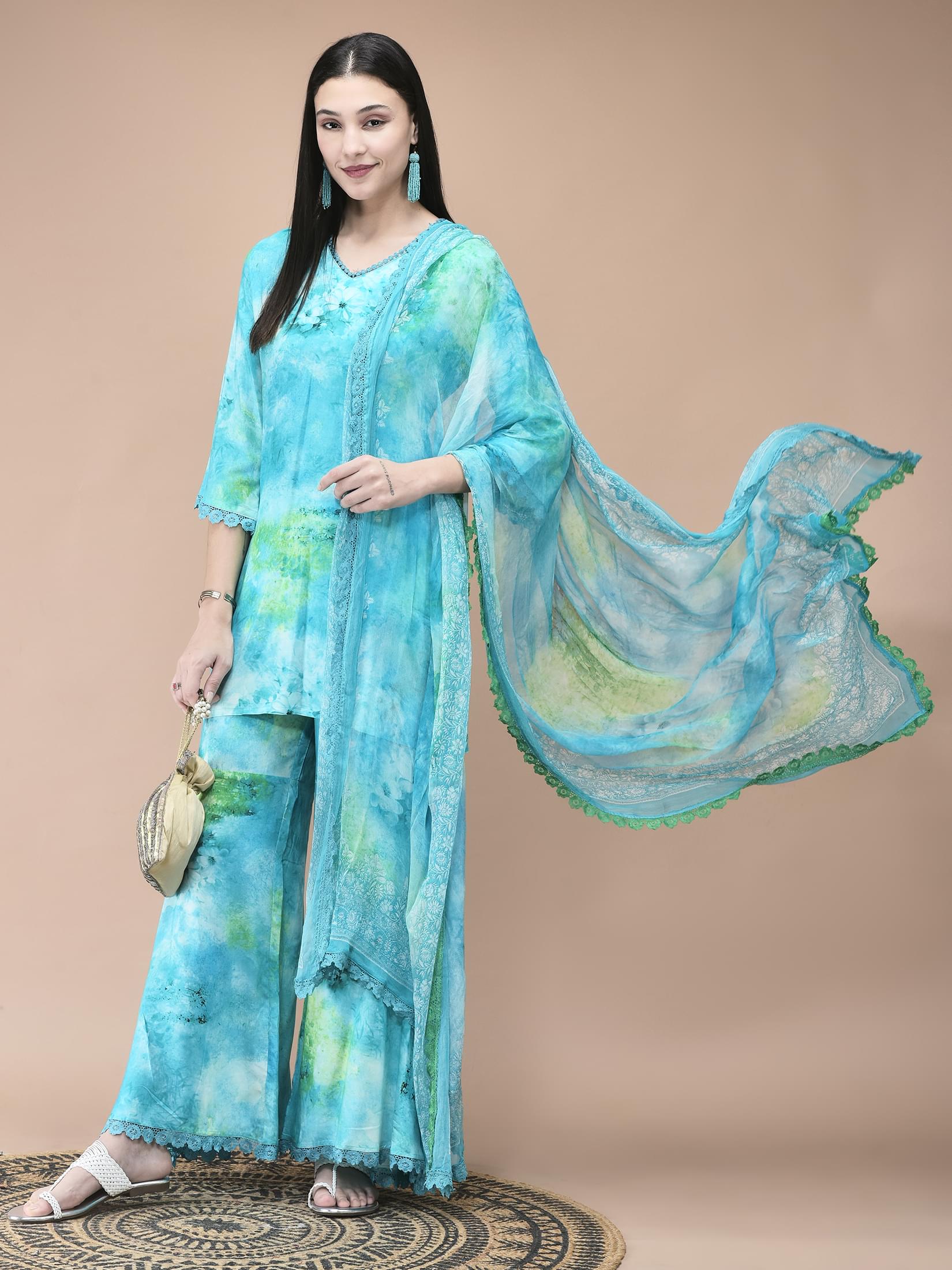 Women Liva Aqua Blue Abstract Print Kurta Sharara Dupatta.
