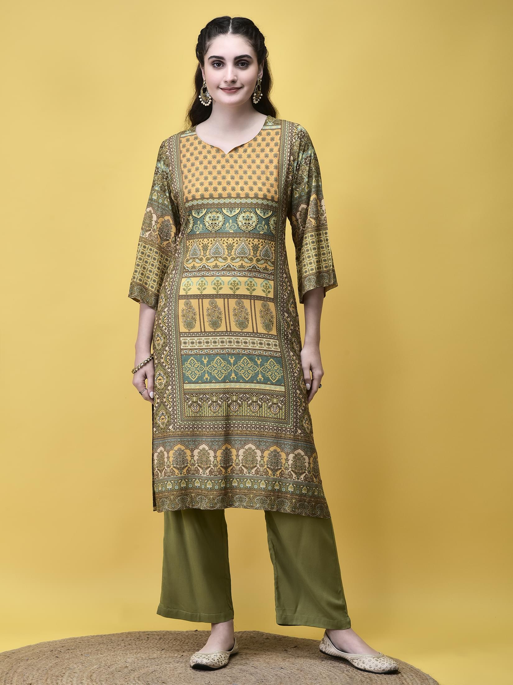 Women Liva Rayon Green Placement Print Kurta Comfort Pant Dupatta.