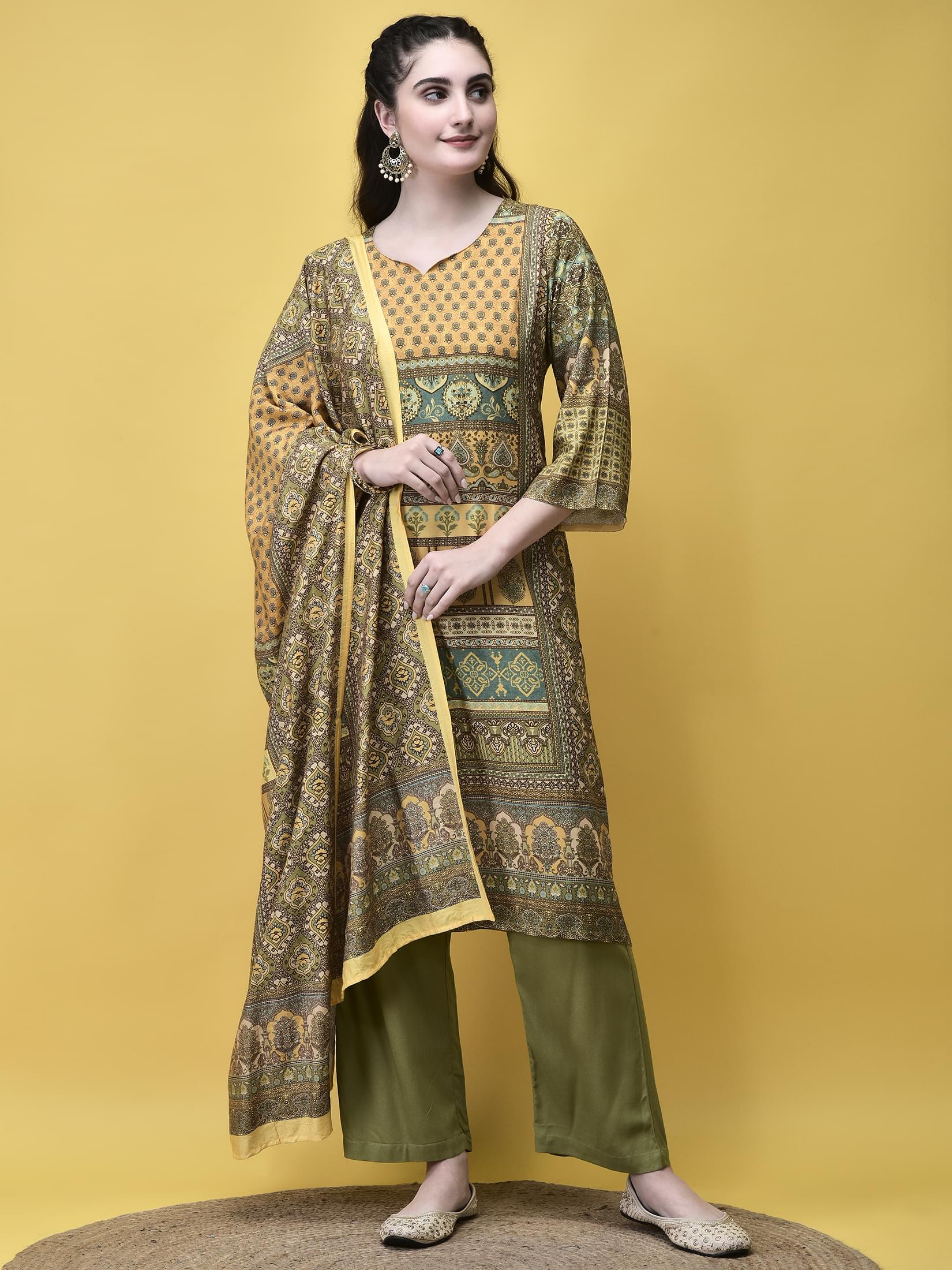 Fern green graphic placement print Liva rayon soft touch straight line suit